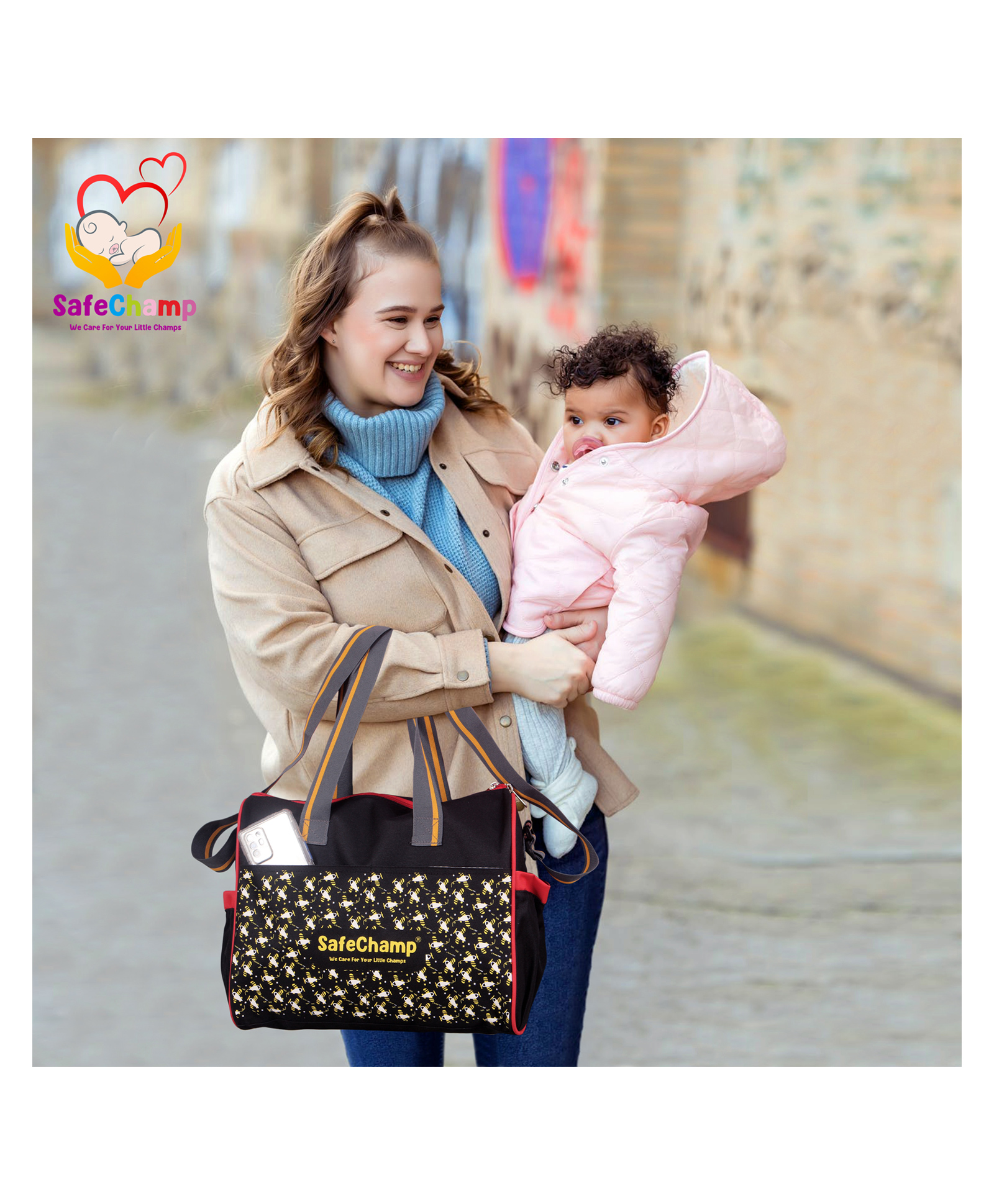 SafeChamp Chick Chick Multipurpose Diaper Bag Cum Mother Bag Diaper Bag   - Black-image-42