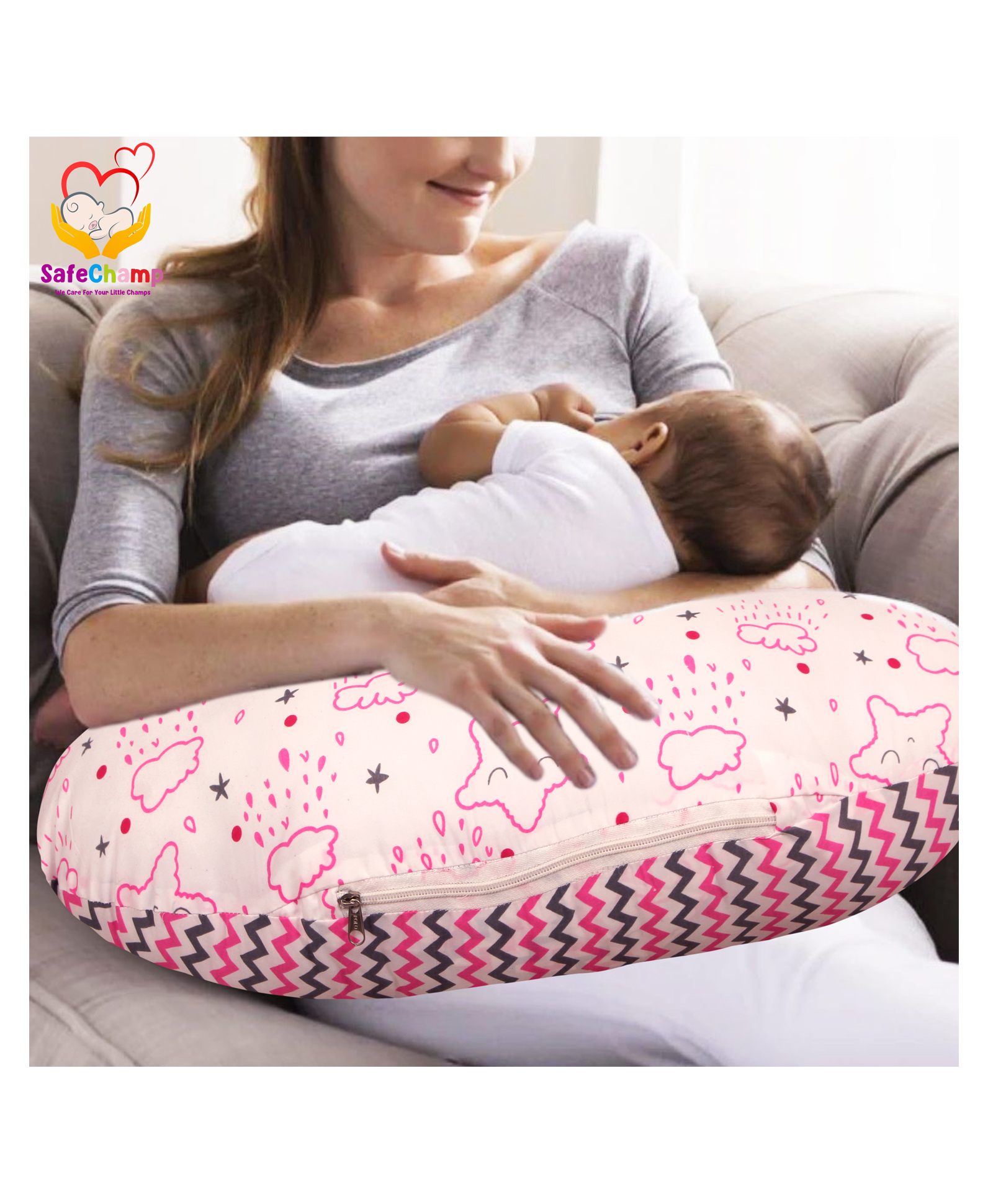 SafeChamp Shower Multipurpose Baby Feeding Pillow Nursing Cum Maternity Pillow - Pink-image-46