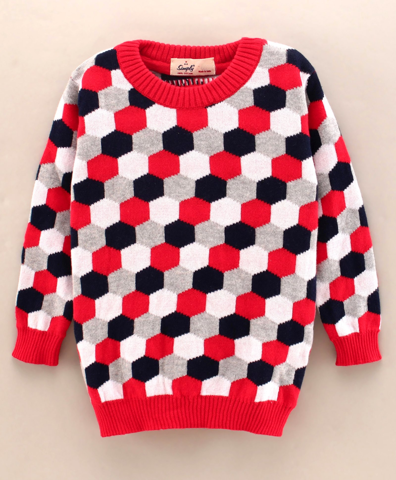 Simply Full Sleeves Knit Sweater Hexagonal Design- Red-image-25