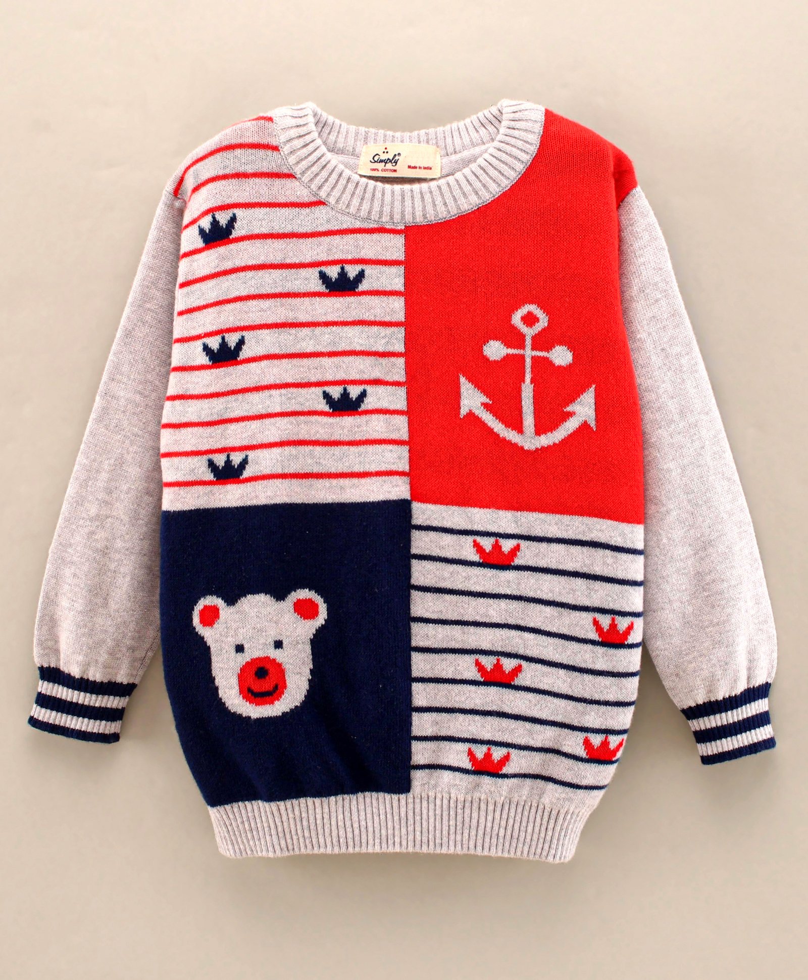Simply Full Sleeves Knit Sweater Multi Design- Grey-image-46