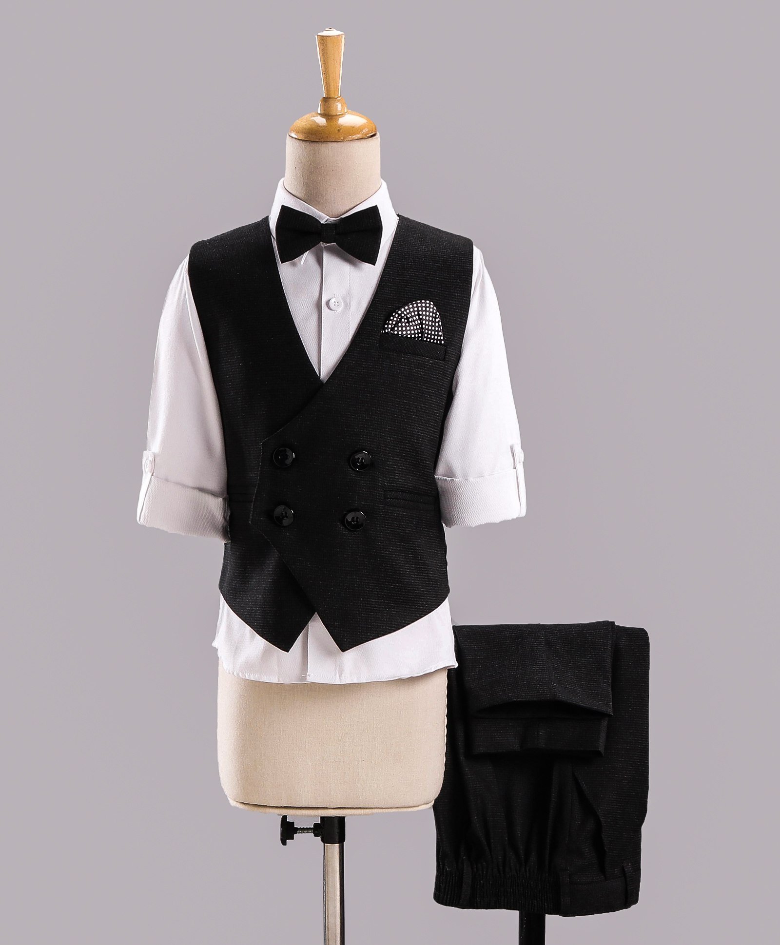 Robo Fry Full Sleeves Party Suit With Bow - Black White-picture-26