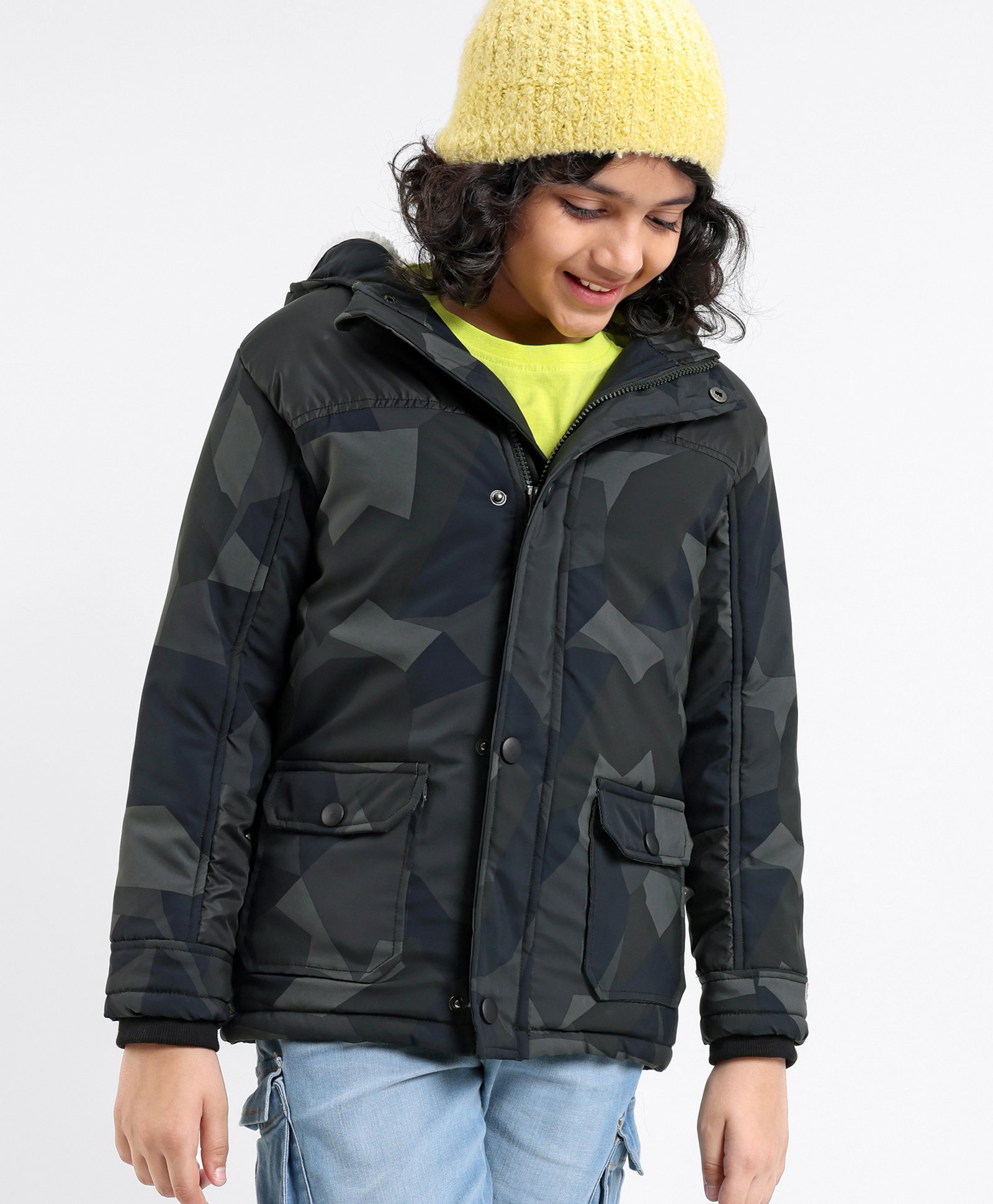 Pine Kids Full Sleeves Camouflage Printed Winter Wear Padded Jacket With Hoodie - Multicolour-image-42
