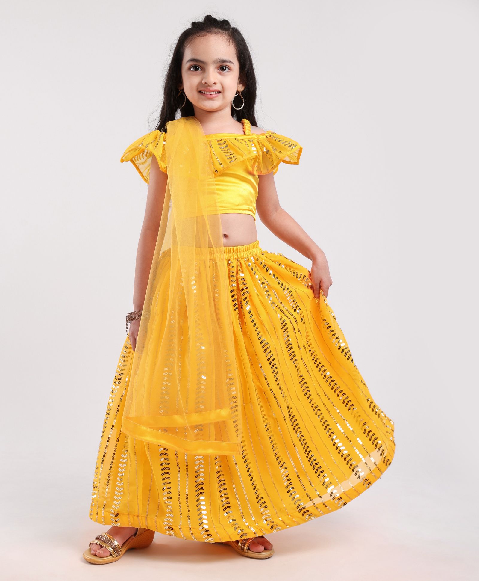 Saka Designs Singlet Sequin Choli & Lehenga With Dupatta - Yellow-image-43