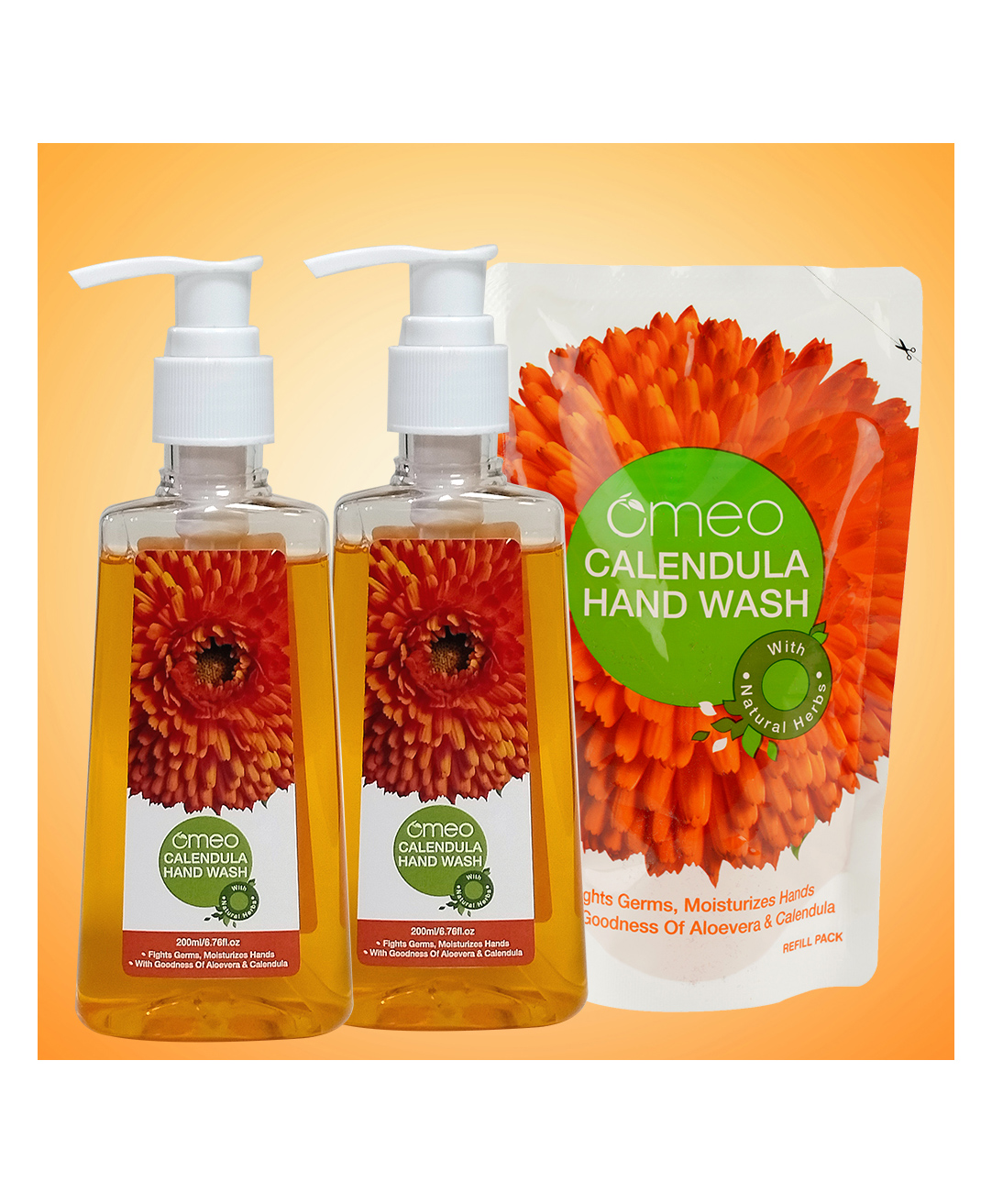 Omeo Calendula Liquid Hand Wash 200ml combo (pack of 2) | 180ML refill pack free-image-2