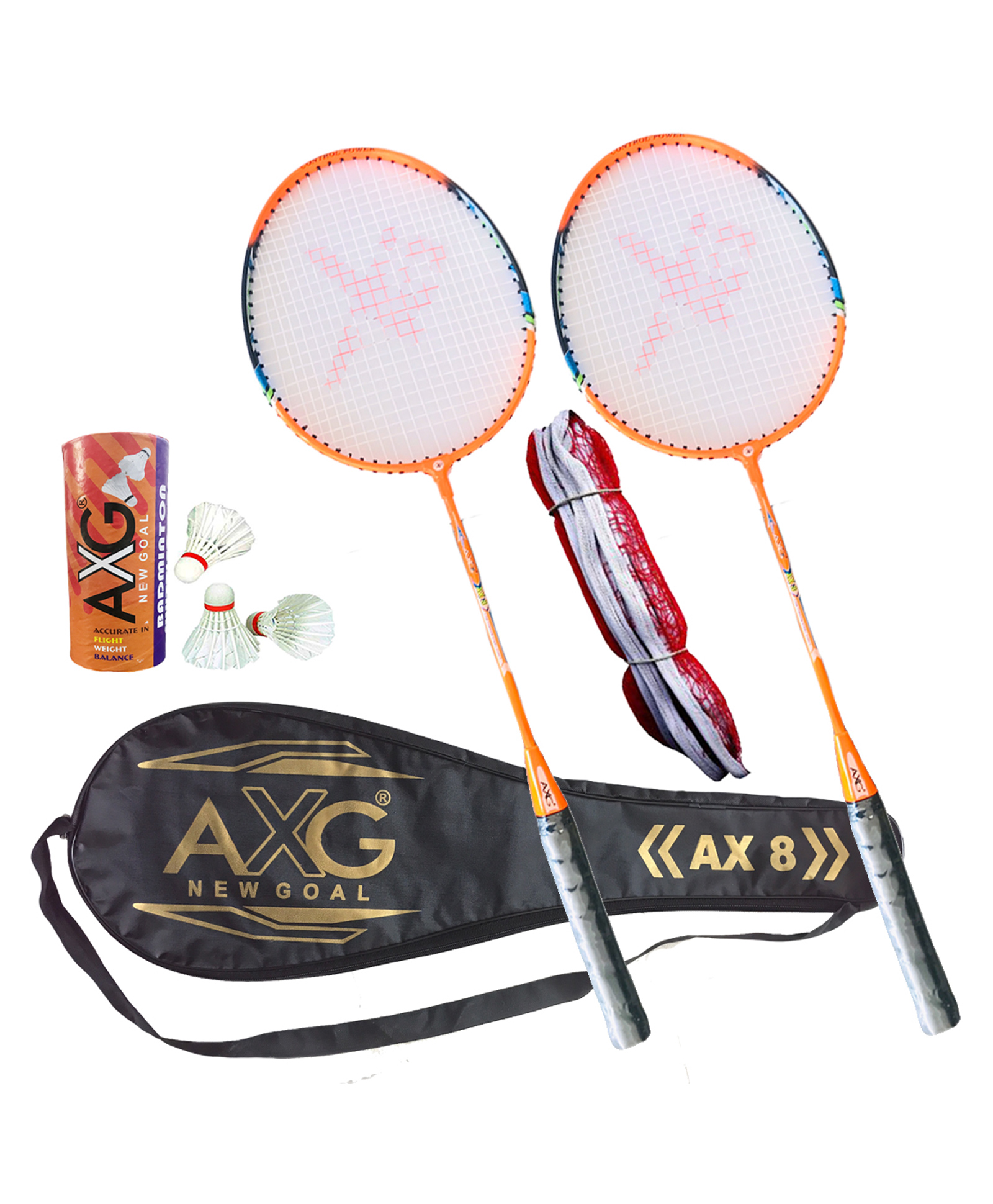 Axg New Goal Irrevocable Badminton Set Of 2 3 Feather Shuttles, Net & Cover Badminton Kit - Orange-image-35