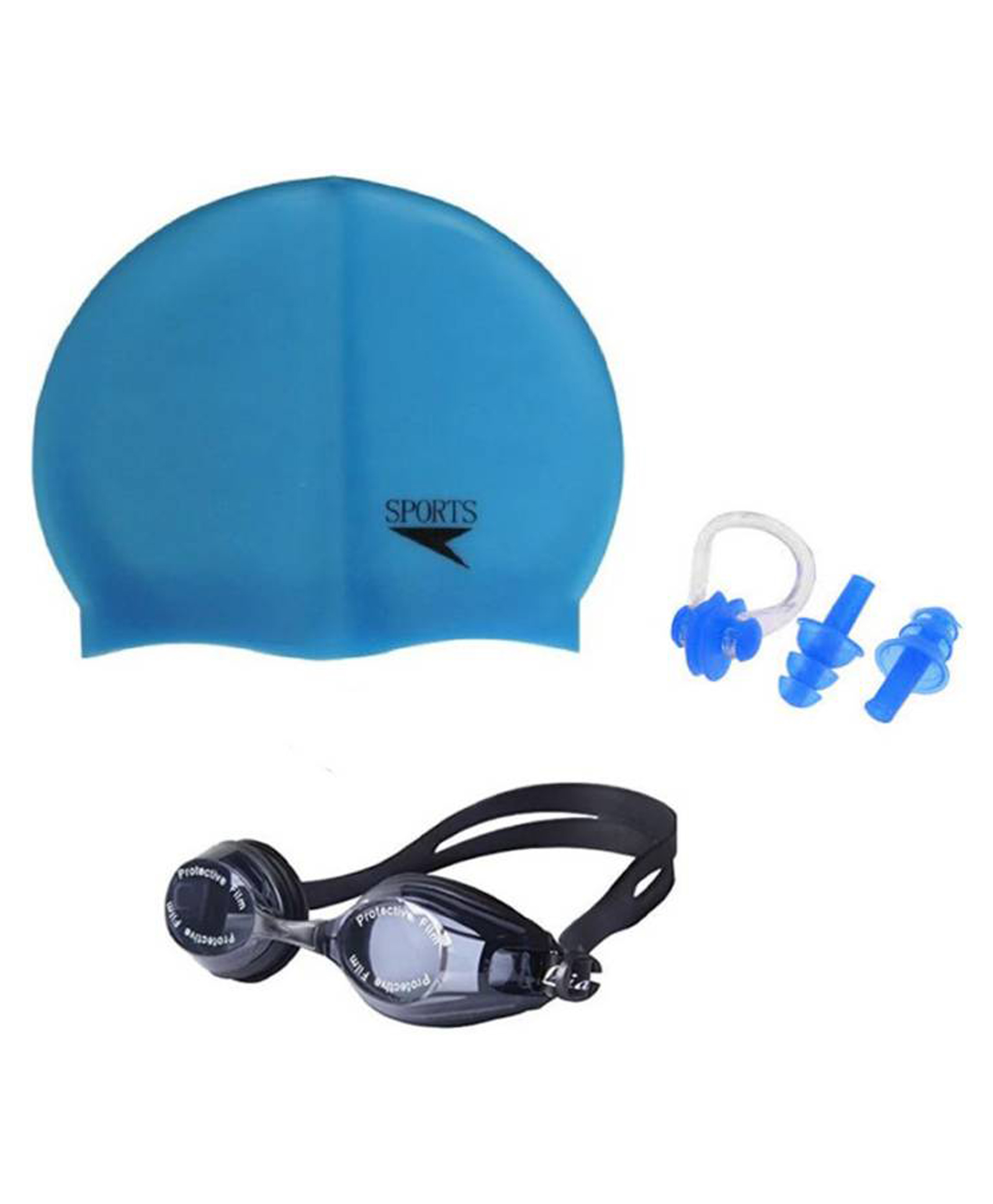 Axg New Goal Deep Swimming GogglesnCap & Ear Nose Plugs Swimming Kit - Blue & Black-picture-14