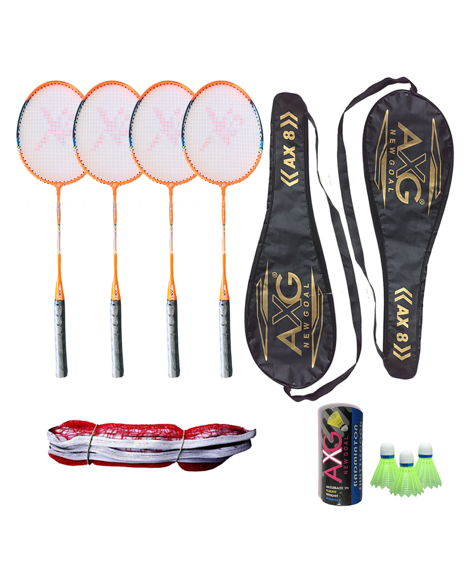 Axg New Goal  Arduous 4 Fluorescent Aluminium Racquets 3 Shuttlecocks 1 Net and 2 Covers Badminton Kit - Orange-image-34