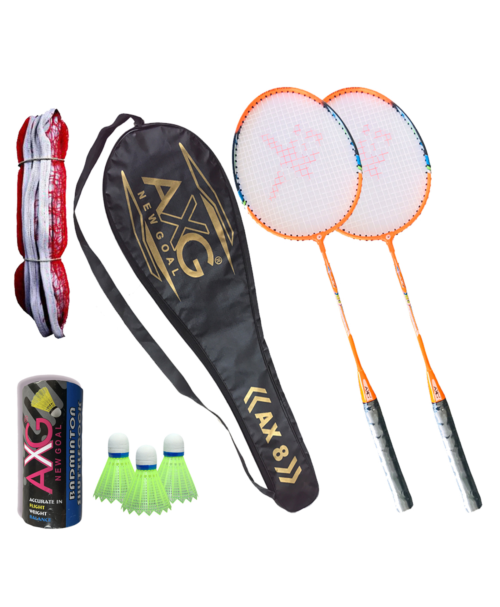 Axg New Goal Irrevocable Set Fluorescent Aluminium racquets Shuttles Net & Cover Badminton Kit - Orange-image-28