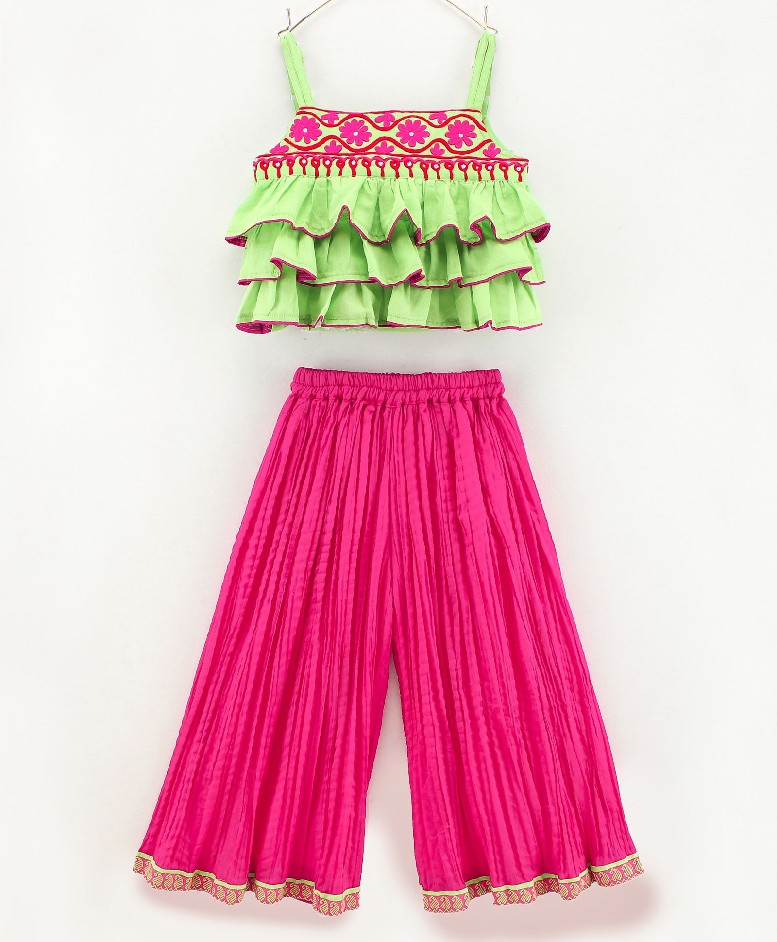 Twisha Sleeveless Floral Embroidered Ruffled Top With Pleated Palazzo - Green-image-30