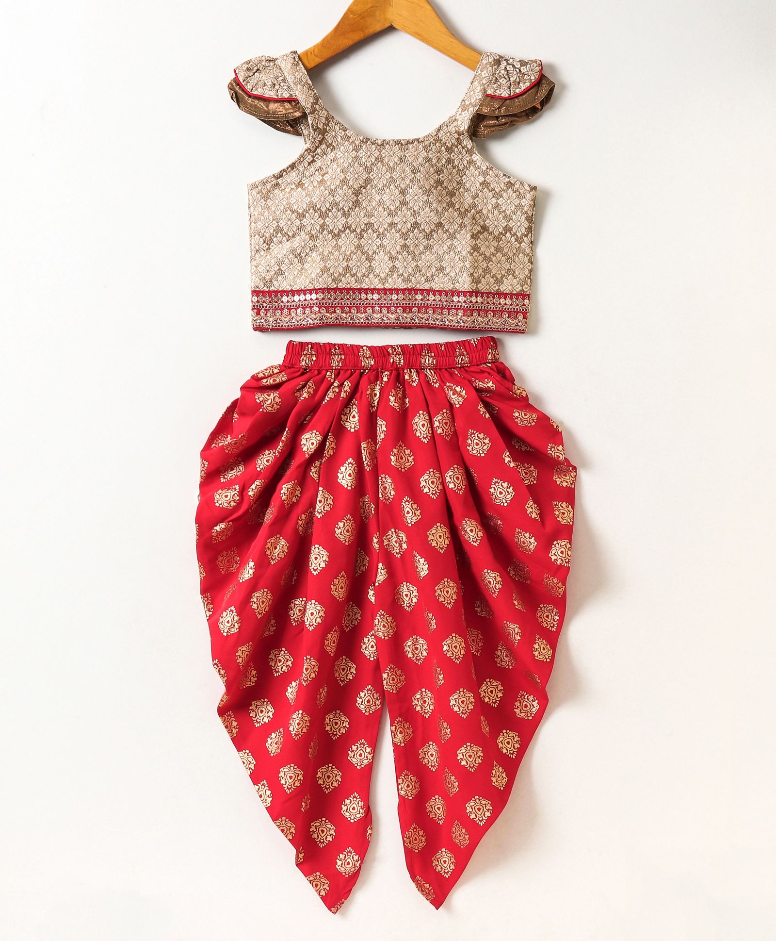 Twisha Sleeveless Floral Self Design Lace & Sequins Embellished Top With Foil Print Dhoti - Gold-image-30