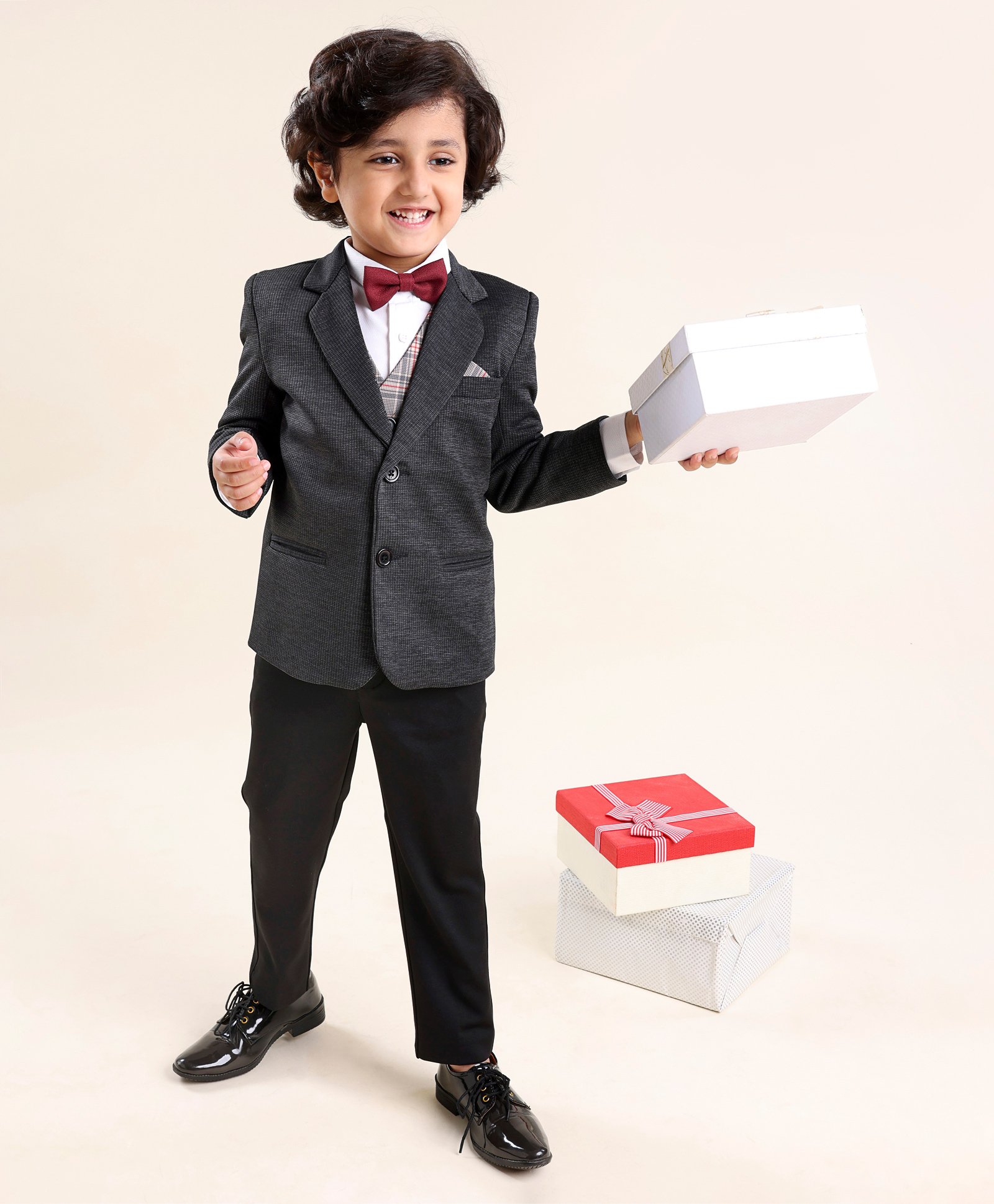 Babyhug Full Sleeves Solid & Checked Party Suit With Bow Detailing - Anthra Black-image-37