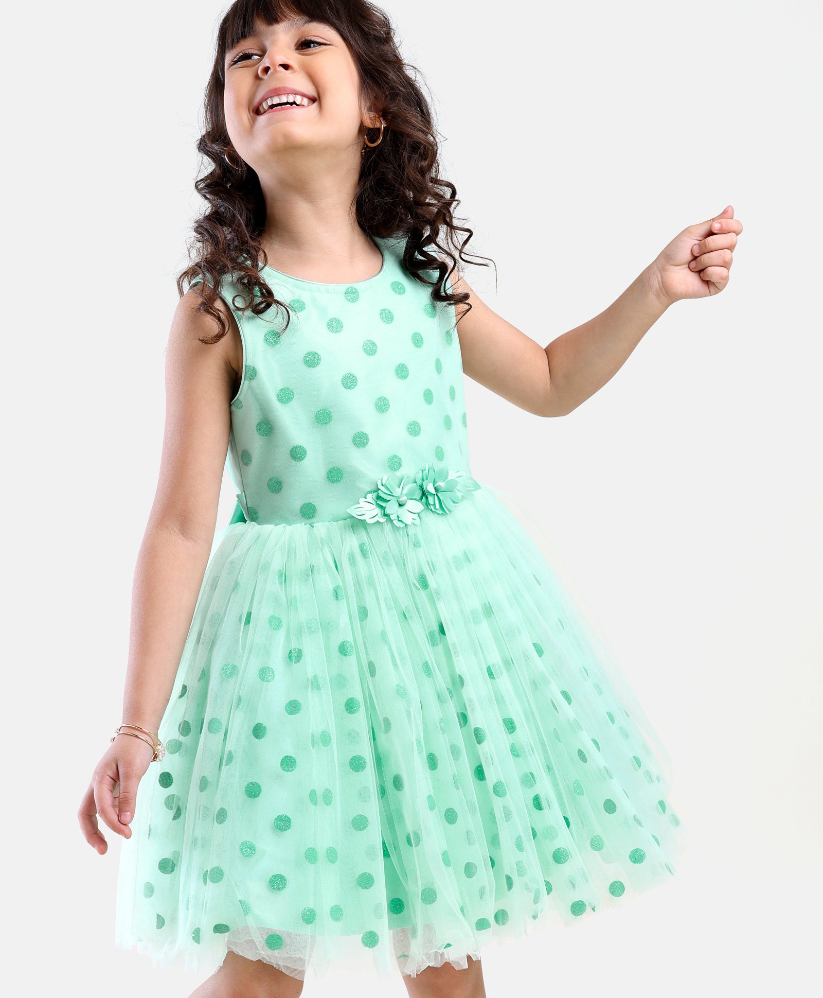 Babyhug Sleeveless Party Frock Glitter Print with Corsage - Sea Green-image-43