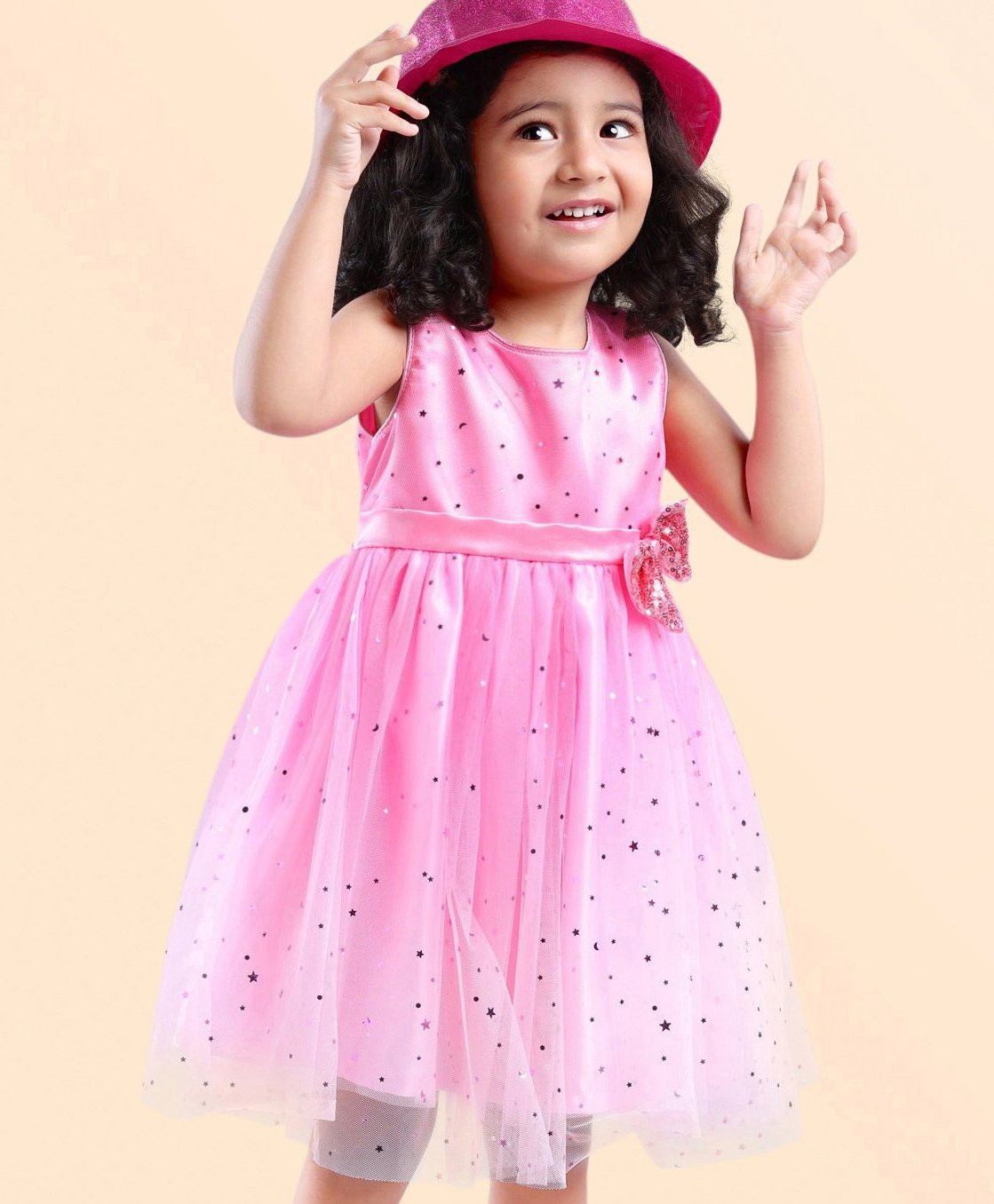 Babyhug Sleeveless Embellished Party Wear Frock - Pink-image-2