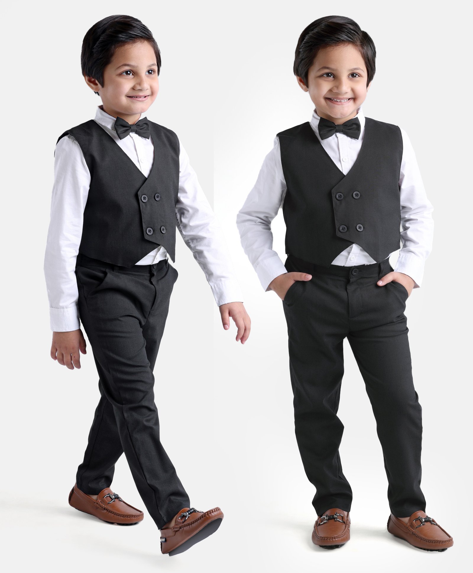 Babyhug WovenCotton Full Sleeves Shirt & Trousers With Waistcoat & Bow - Black-image-46