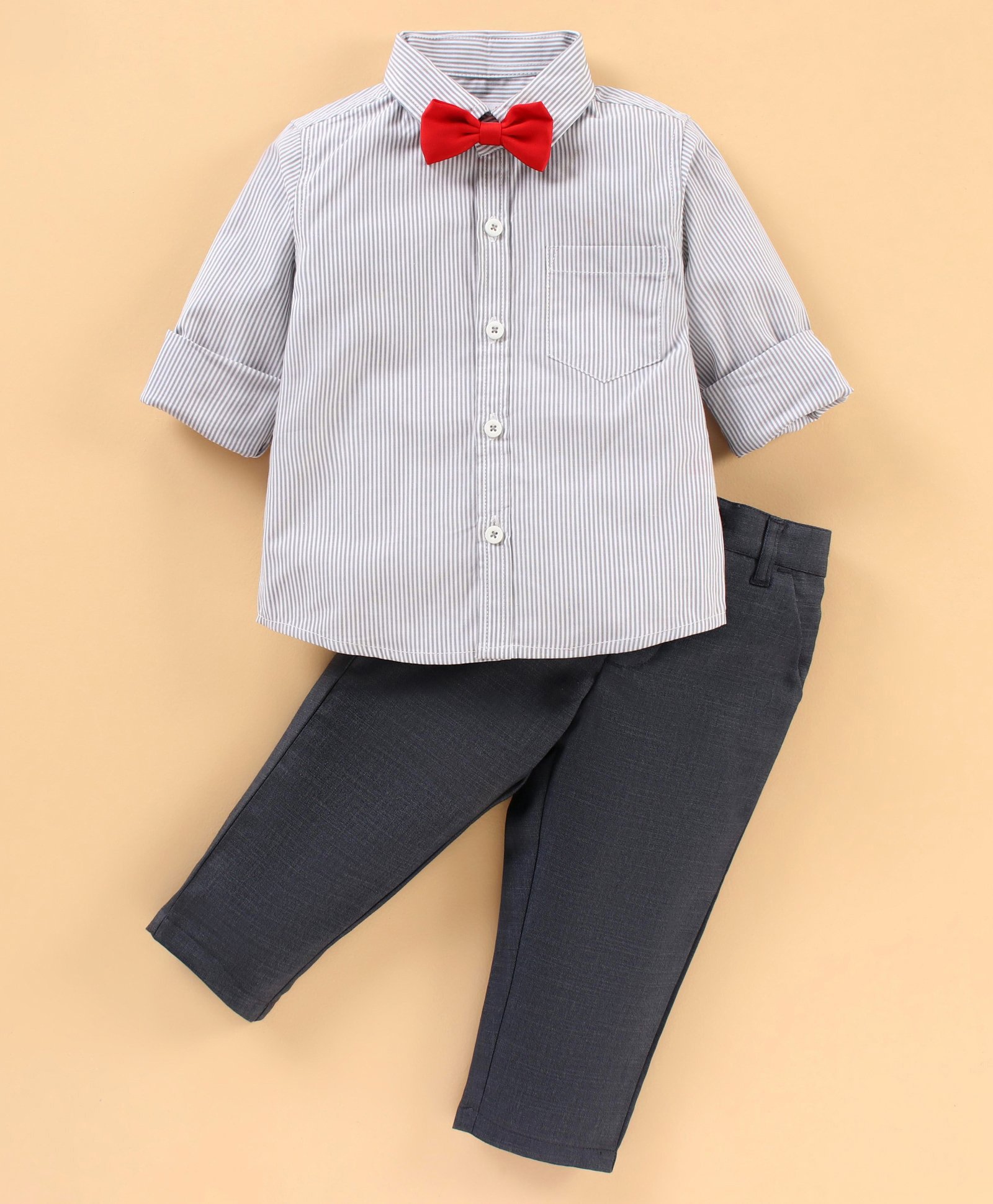 Babyhug Woven Full Sleeves Shirt & Trouser With Bow - Grey-image-40