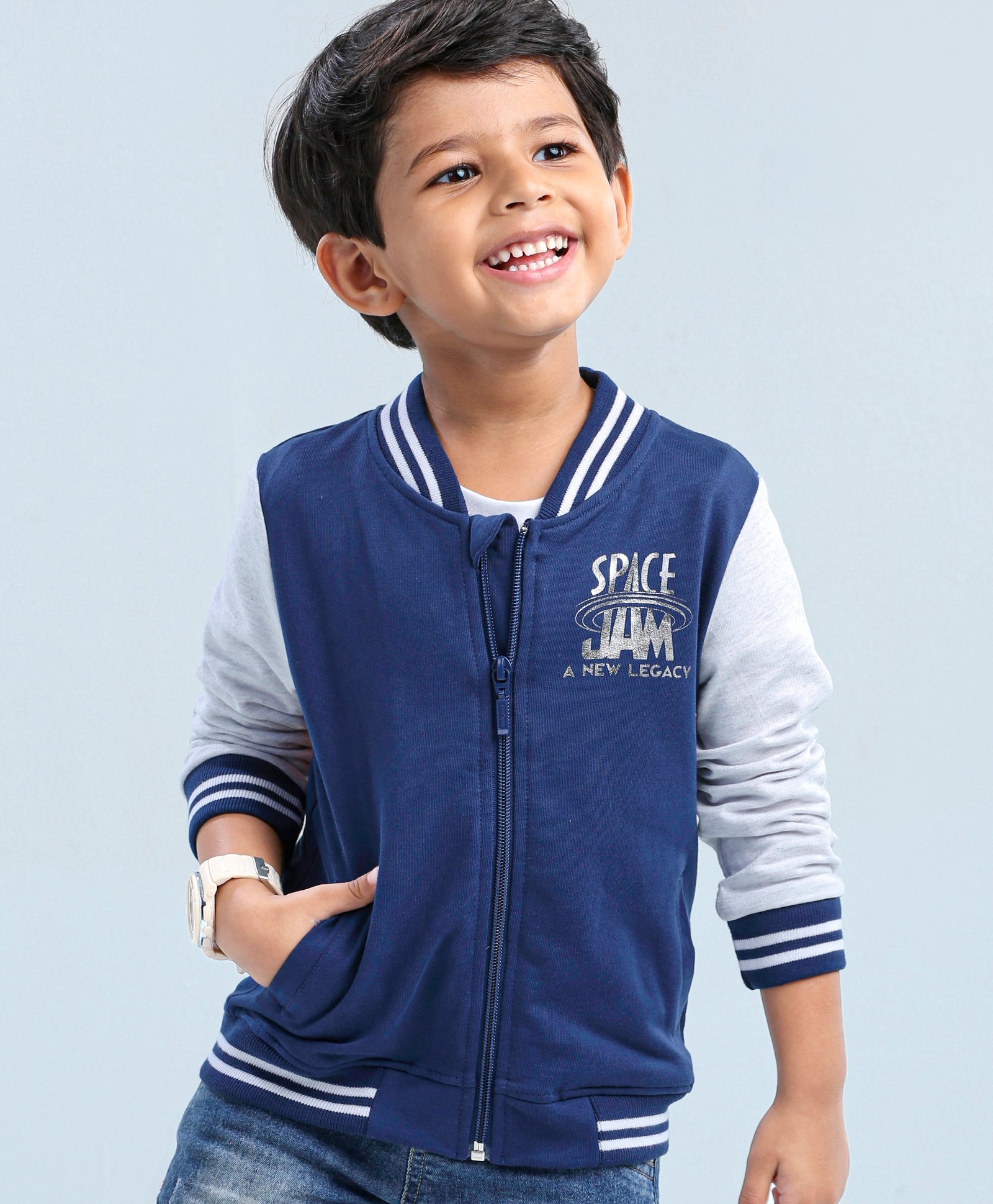 Babyhug Full Sleeves SPACE JAM Bomber Sweat Jacket with Foil Print - Navy Blue-picture-11