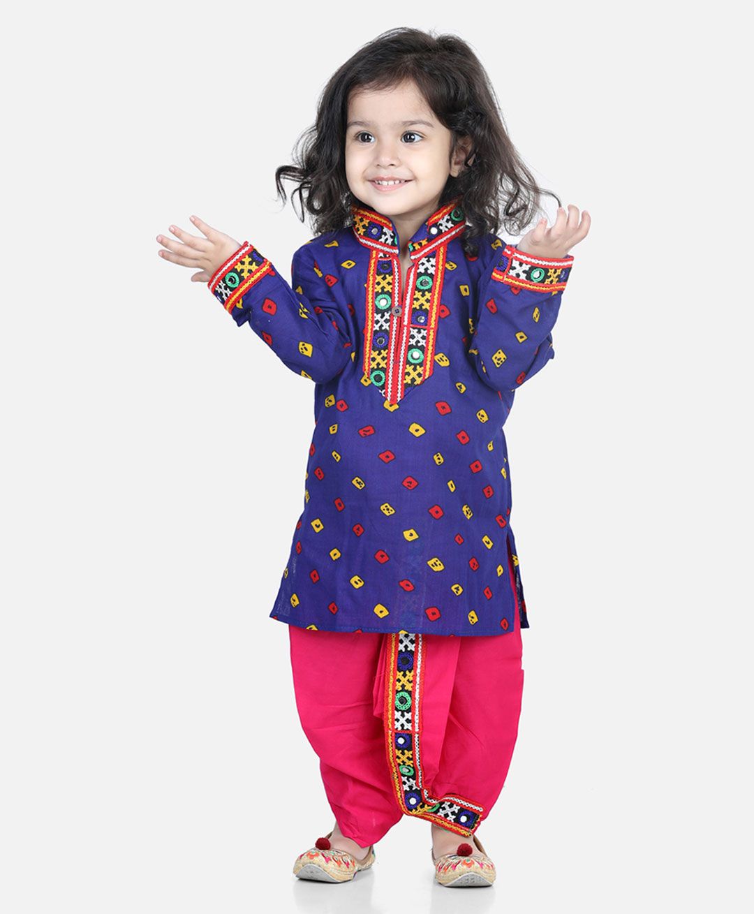 BownBee Full Sleeves Embroidered Placket & Trim Detailing Bandhani Kurta & Dhoti Set - Blue-image-43