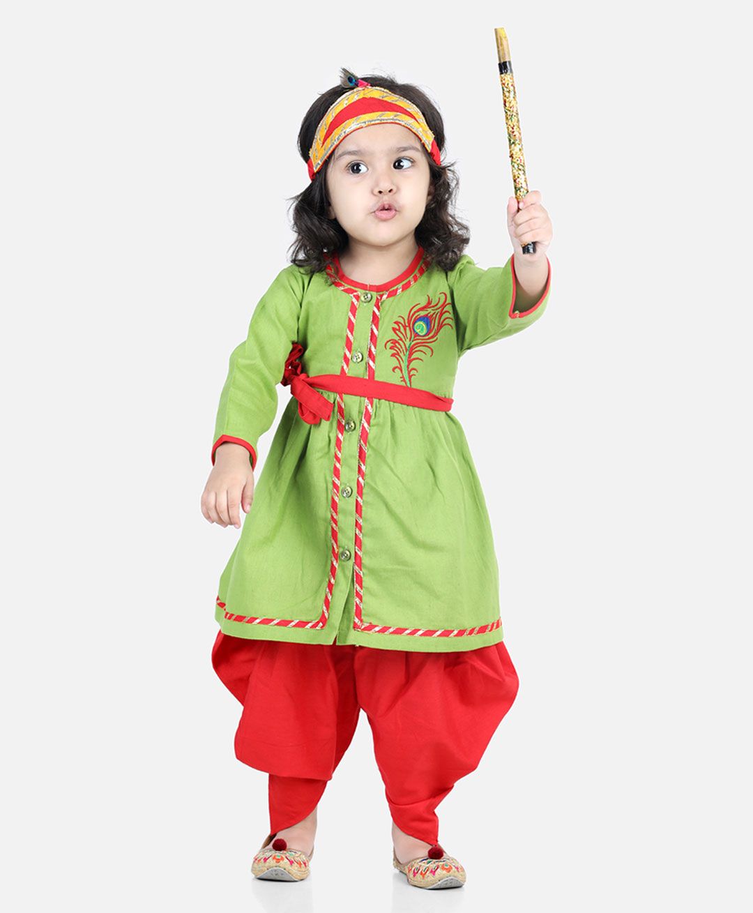 BownBee Janmashtami Theme Full Sleeves Peacock Feather Embroidered Lace Detailing Radha Kurta & Dhoti Pants Set With Mukut - Green-picture-28