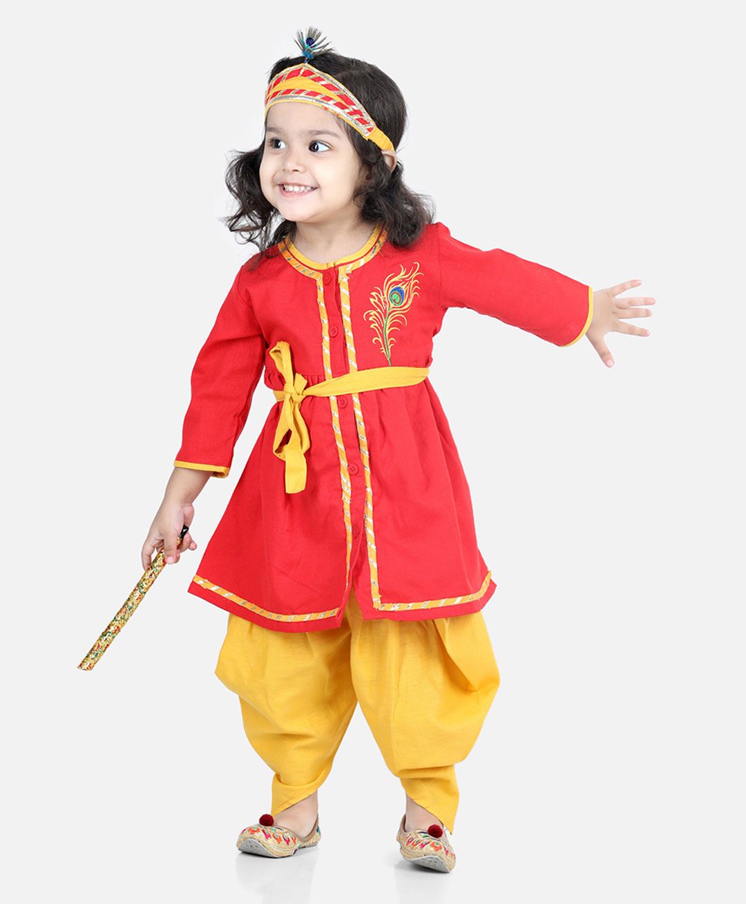 BownBee Janmastami Theme Full Sleeves Peacock Feather Embroidered Lace Detailing Radha Kurta & Dhoti Pants Set With Mukut - Red