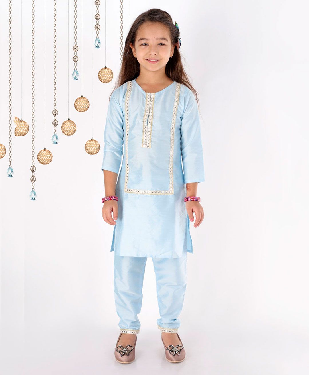 Vastramay Three Forth Sleeves Front Panel Mirror Work Embellished Kurta With Salwar - Blue-image-10