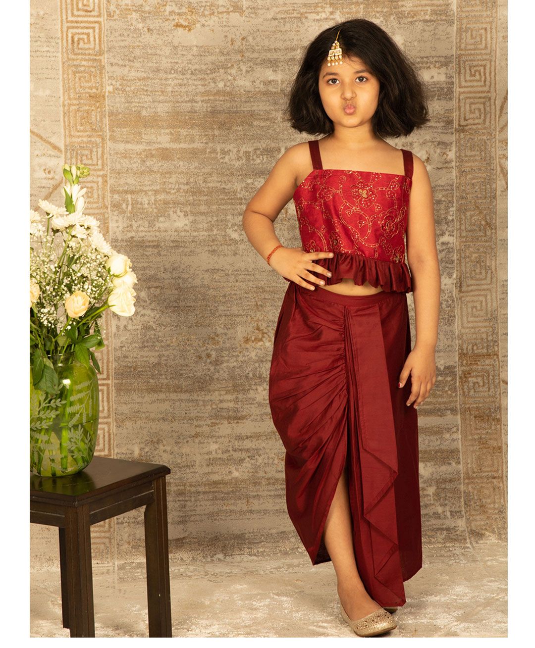 Vastramay Sleeveless Floral Embroidered Peplum Top With Dhoti Mock Styled Front Slit Lehenga - Maroon-picture-28