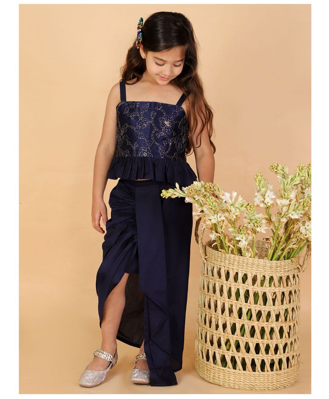 Vastramay Sleeveless Floral Embroidered Peplum Top With Dhoti Mock Styled Front Slit Lehenga - Navy Blue-image-44