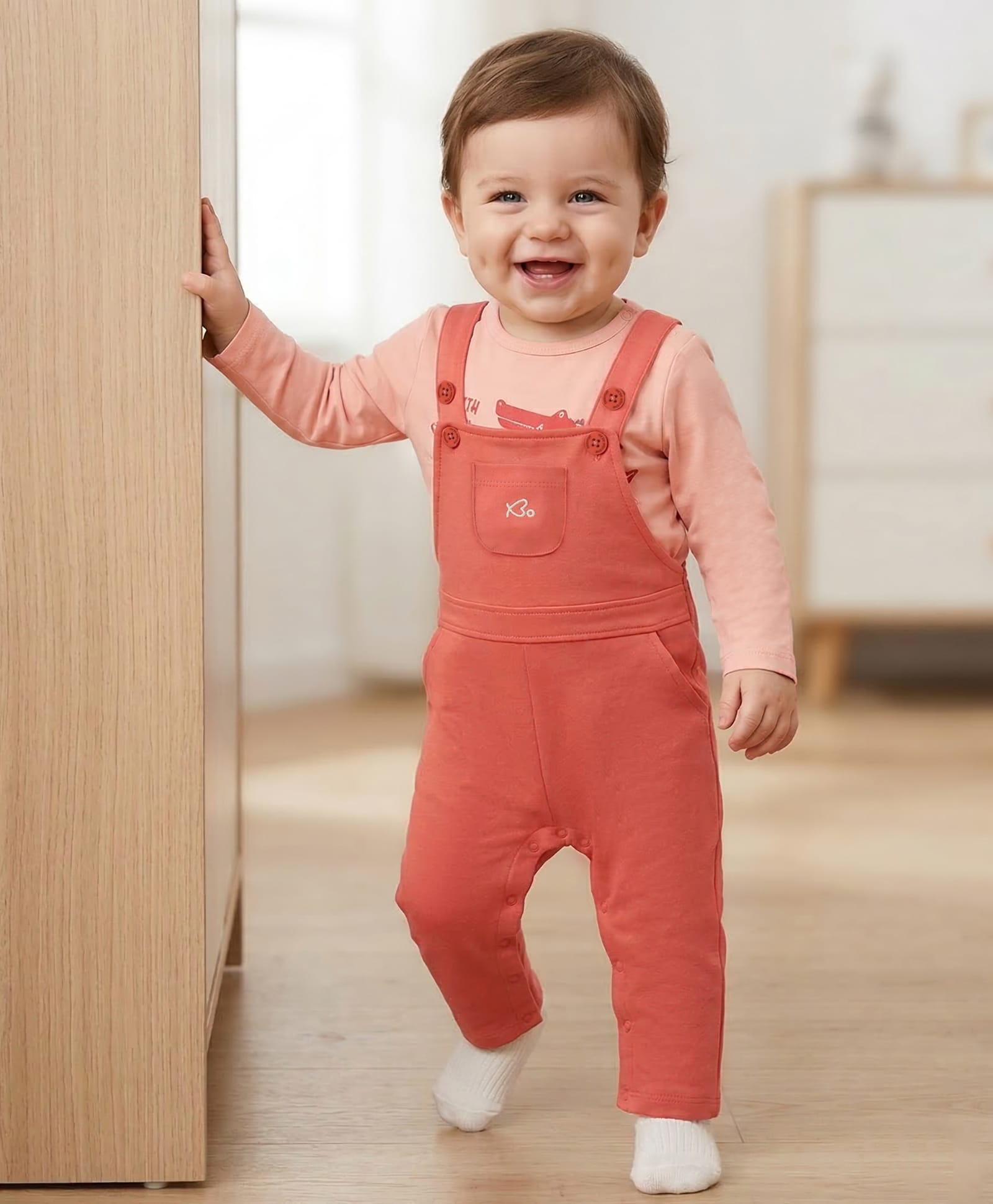 Babyoye Eco Conscious 100% Cotton Eco Jiva Finish Solid Colour Dungaree with Full Sleeves T-shirt Croc Print - Brown-image-28