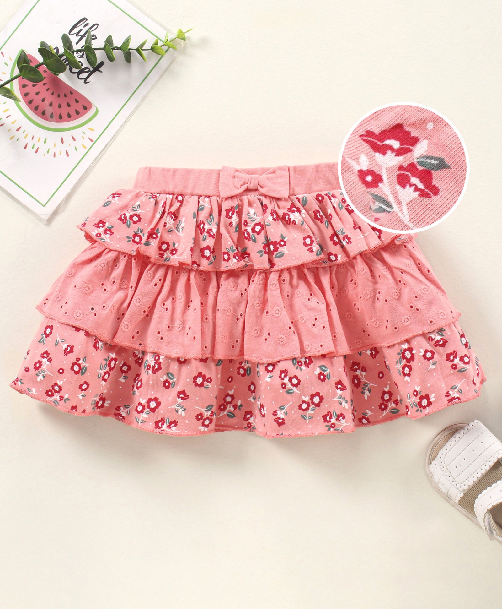 Babyhug Knit Mid Thigh Floral Printed Skirt With Bow Applique - Pink-image-1