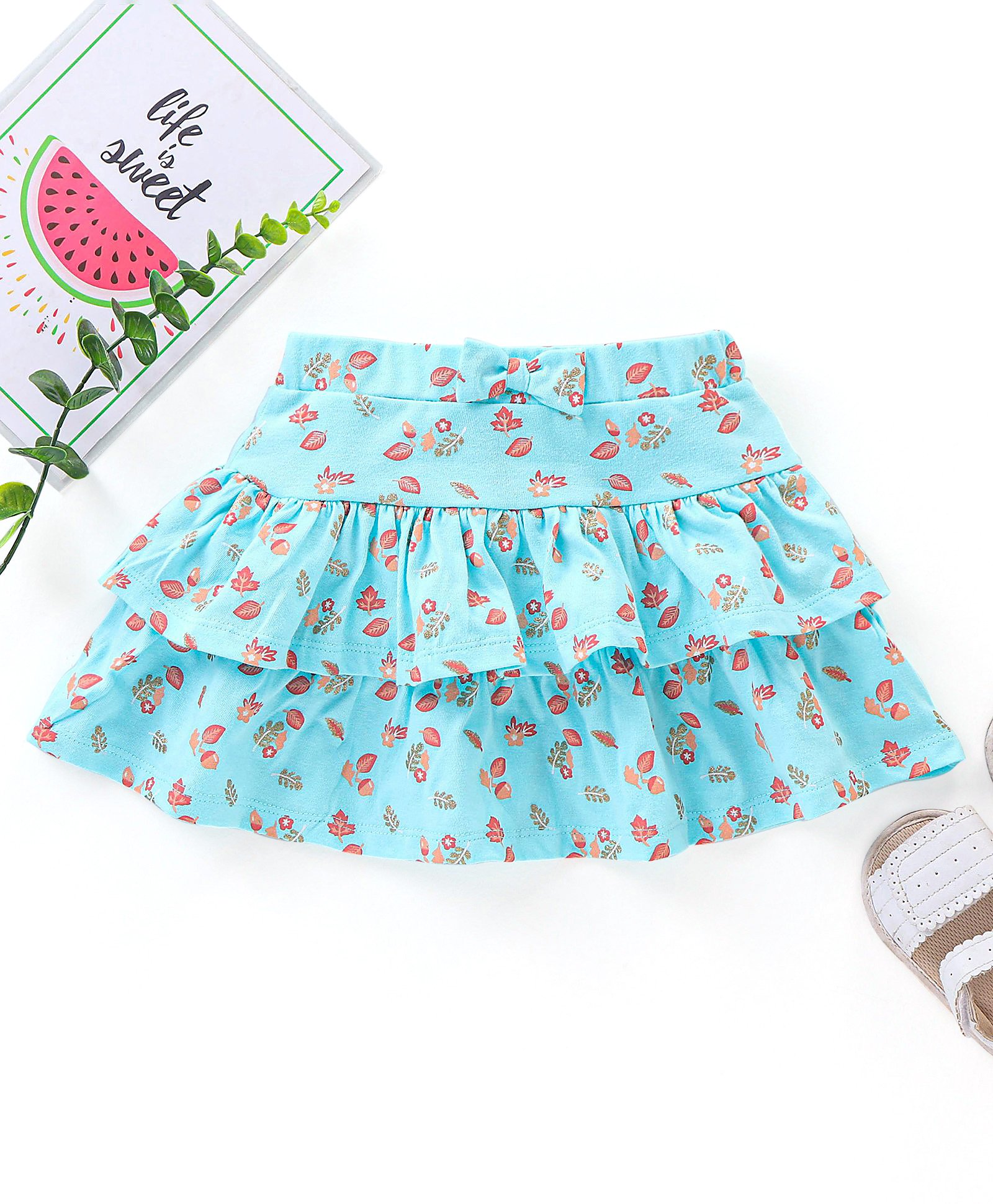 Babyhug Mid Thigh Layered Skirt Floral Glitter Print with Bow - Blue-image-20