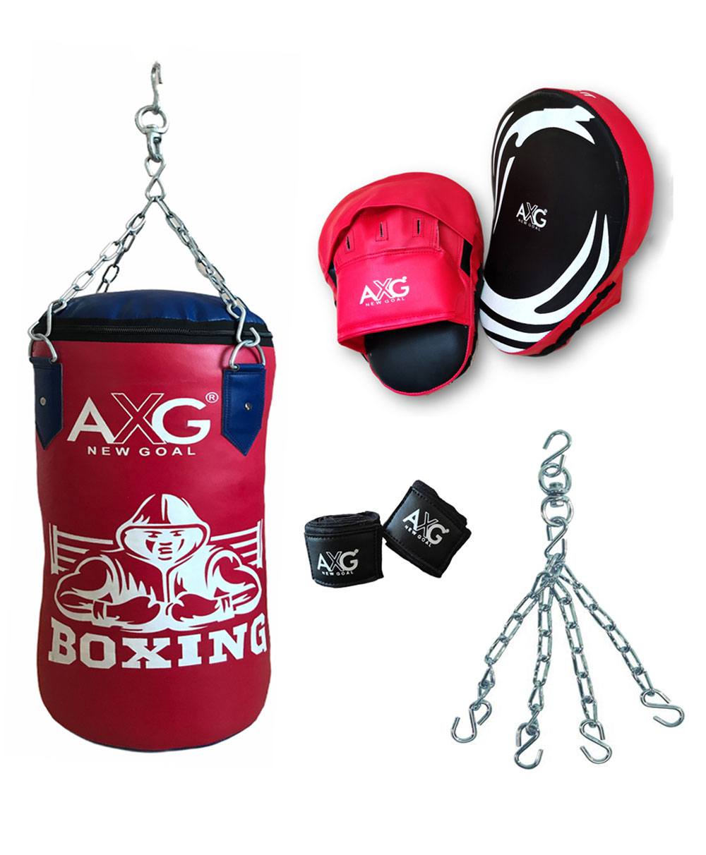 AXG NEW GOAL Boxing Set Unfilled Punching Bag 2.5 ft Hand Wraps and 1 Pair Of Focus Pad Boxing Kit - Red-image-24