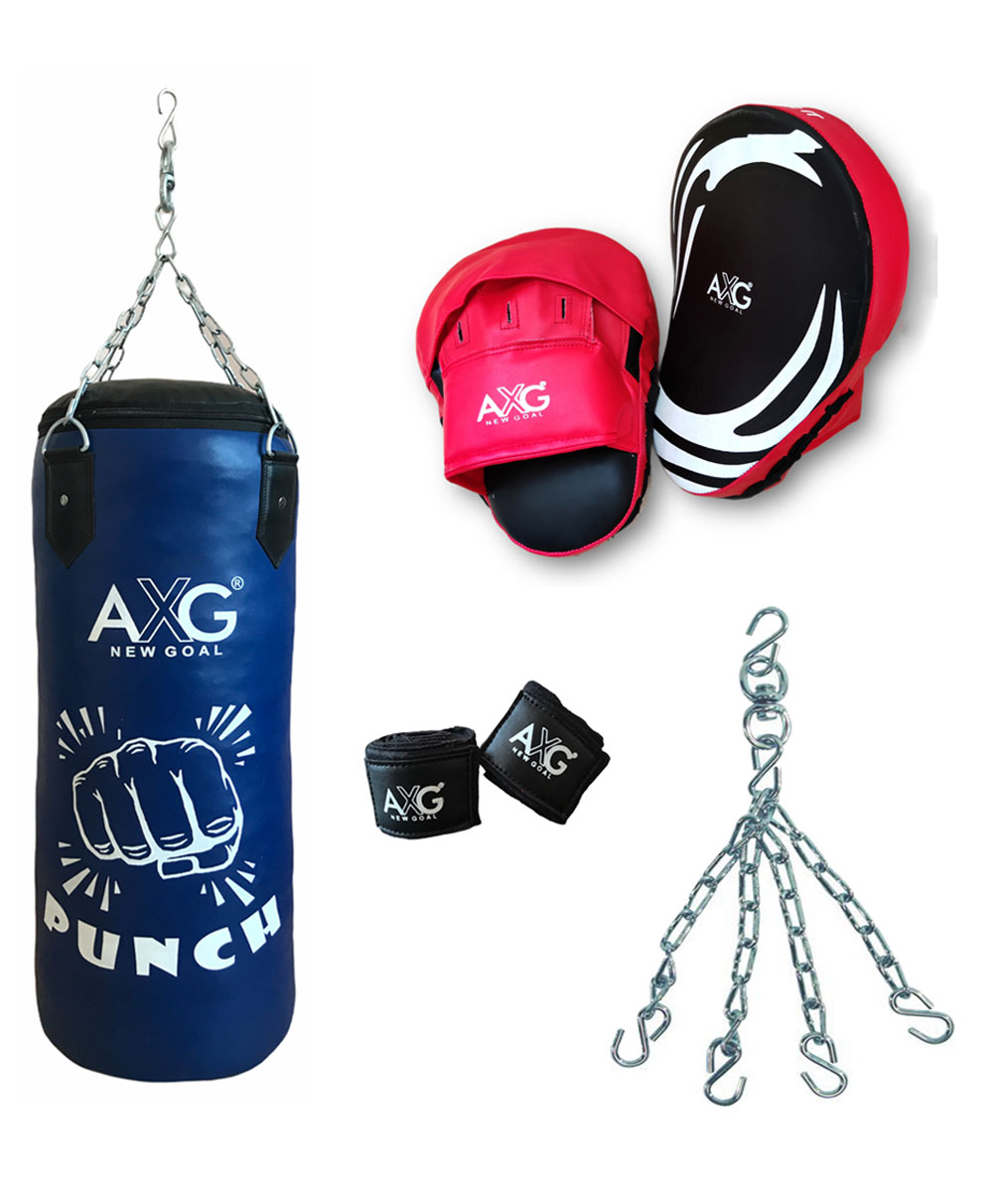 Axg New Goal Complete Boxing Set Includes Unfilled Punching Bag 3 ft Hand Wraps and 1 Pair Of Focus Pad Boxing Kit - Blue-image-20
