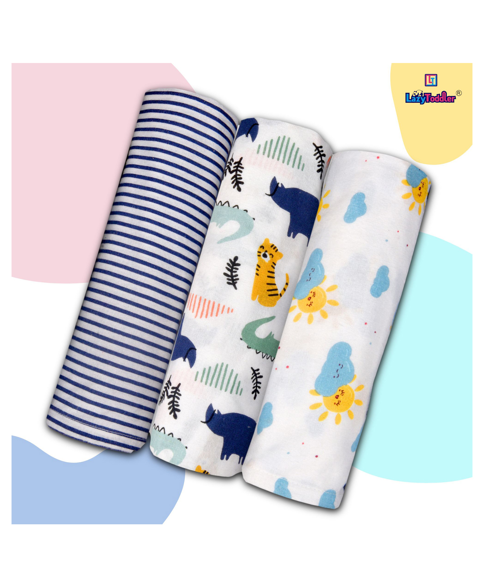LazyToddler Cotton Soft Premium Flannel Swaddles Wrap for Newborn Baby Set of 3 (Blue line, Rhino & Sun)-picture-12
