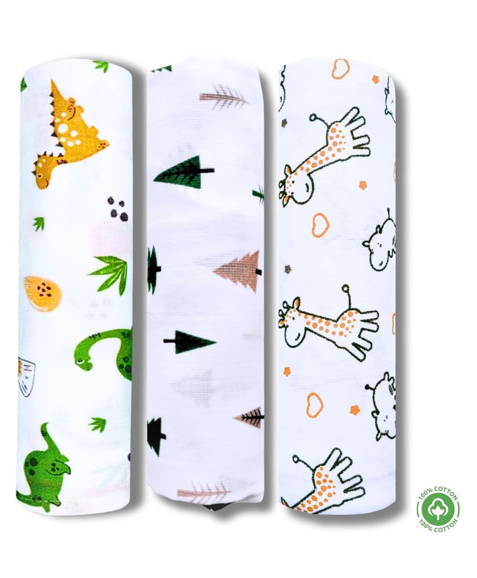 LazyToddler Cotton Organic Muslin Baby Swaddles Dino Rainbow & Plus Design Pack of 3 - Multicolour-image-8