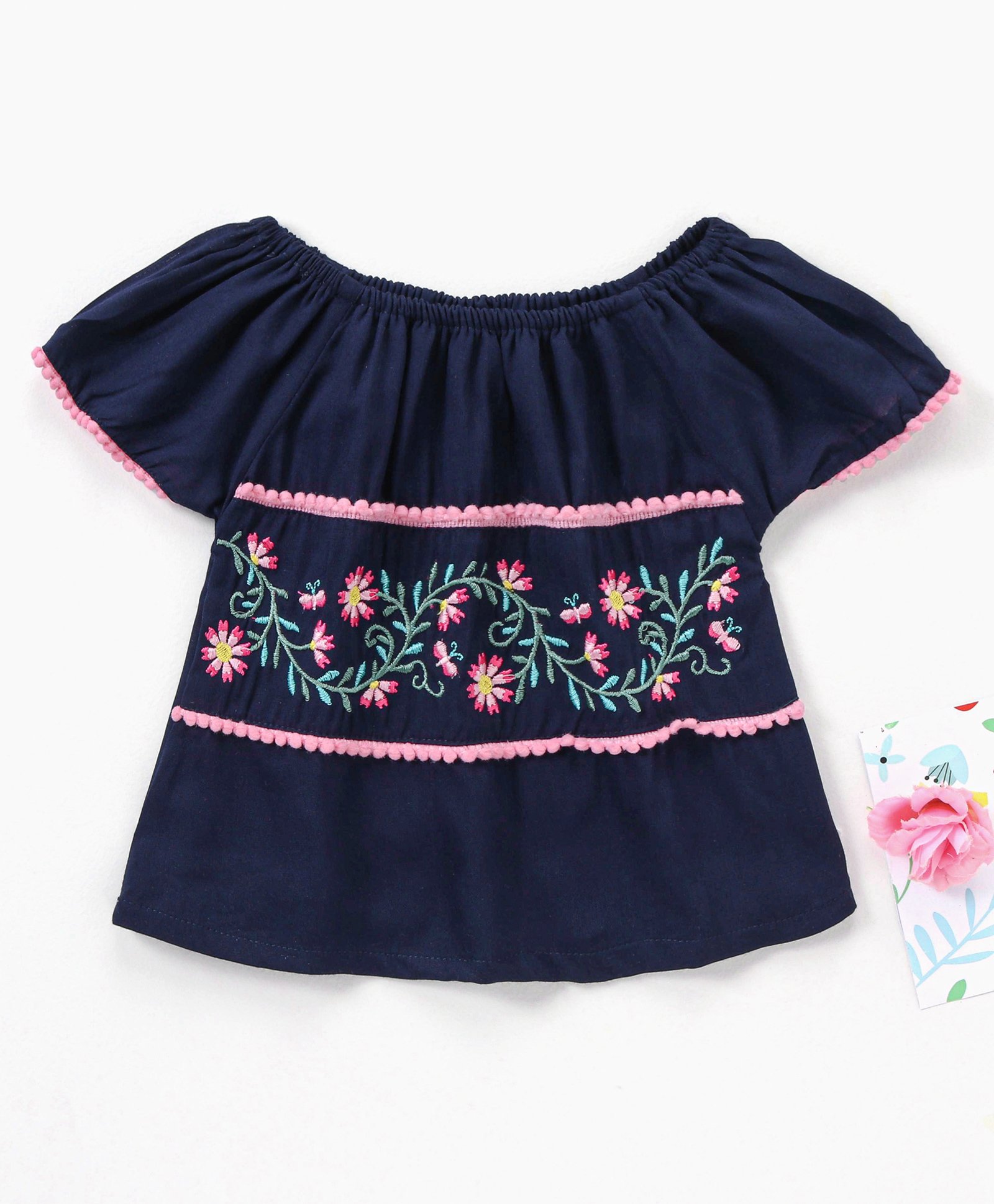 Babyhug Rayon Half Sleeves Top With Floral Embroidery & Pom Pom Lace Detailing - Navy Blue-image-24