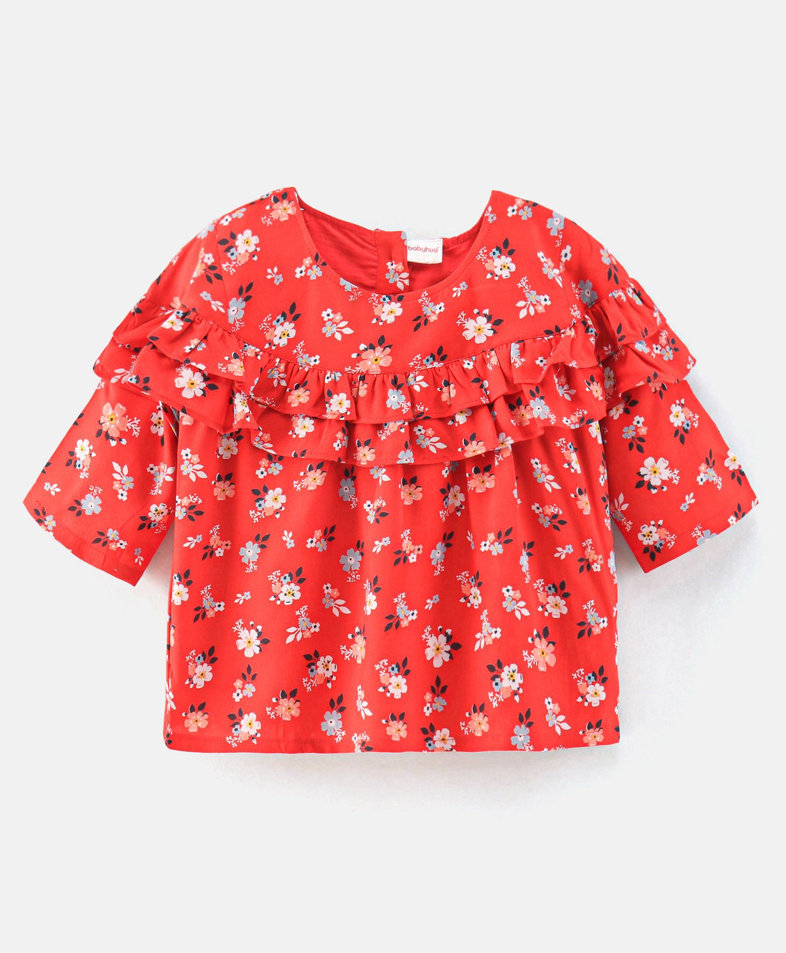 Babyhug Three Fourth Sleeves Rayon Top With Floral Print & Frill Detailing - Red-image-46