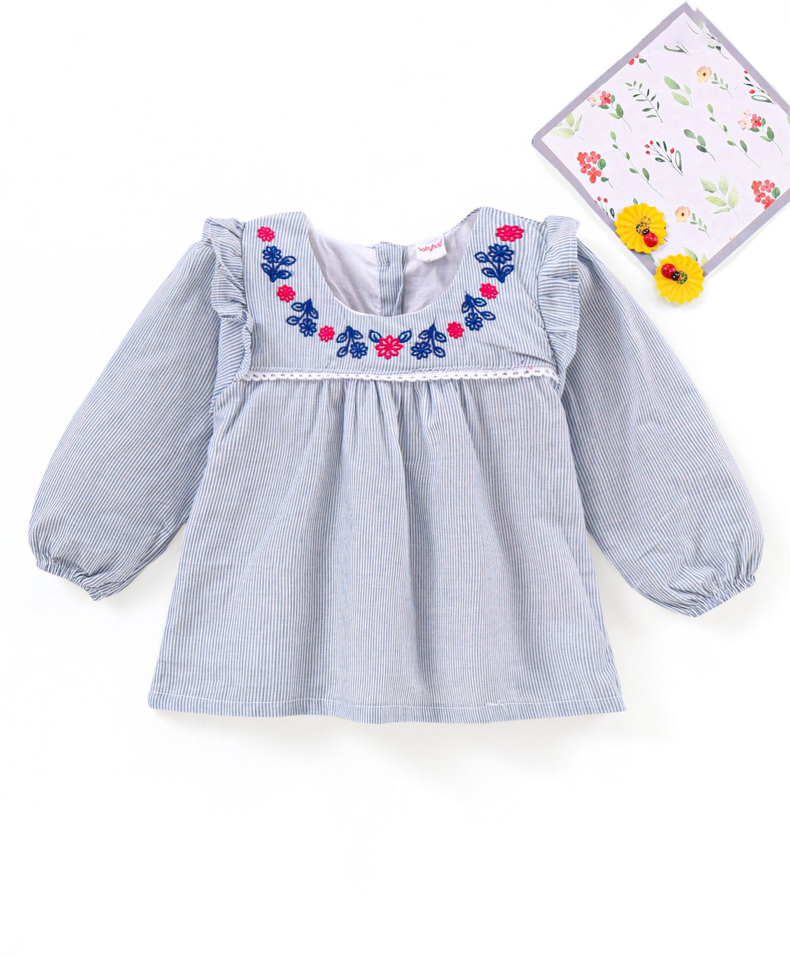 Babyhug Full Sleeves Yarn Dyed Striped Cotton Cambric Top With Floral Embroidery Lace & Frill Detailing - Blue Stripes-image-4