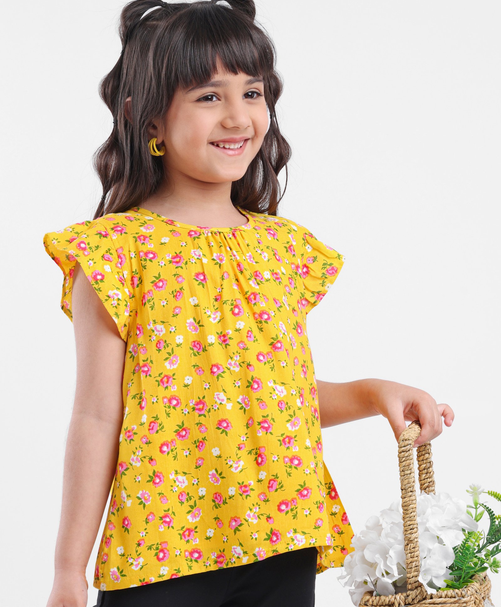 Babyhug Half Sleeves Rayon Woven Floral Print Top with Frill Detailing - Mustard Yellow-image-3