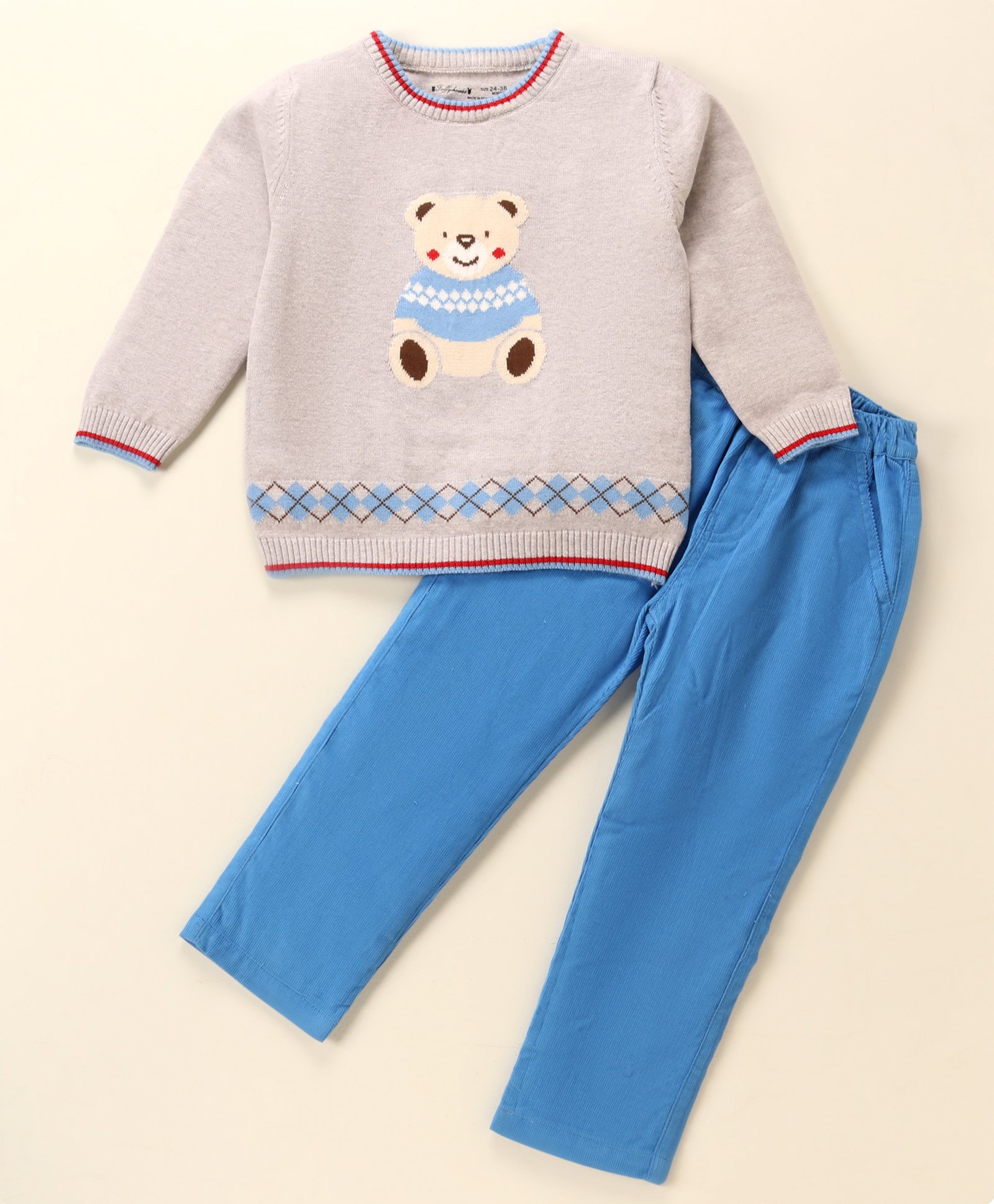 ToffyHouse Cotton Full Sleeves T-Shirt & Corduroy Pant Teddy Design - Blue & Grey-image-23