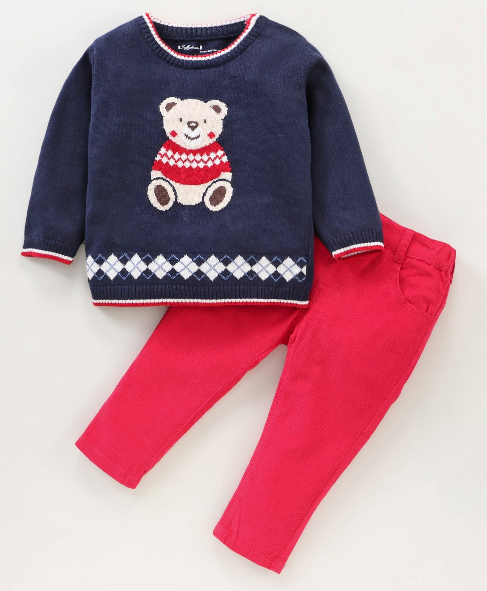 ToffyHouse Full Sleeves  Sweater & Corduroy Pant Teddy Bear Design - Navy Blue Red-image-38