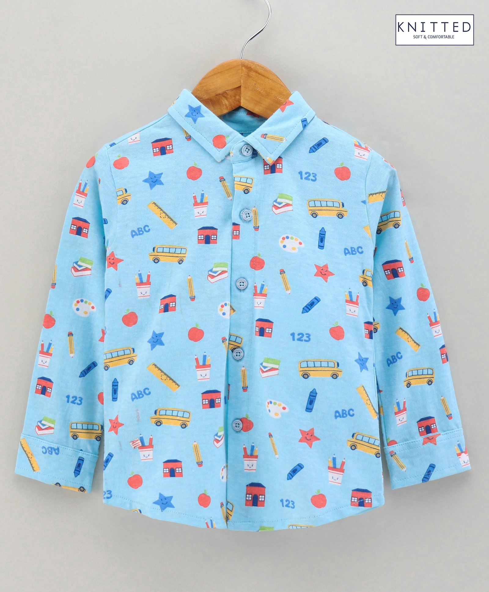 Babyhug Cotton Knit Full Sleeve Star Print Shirt - Blue-picture-11