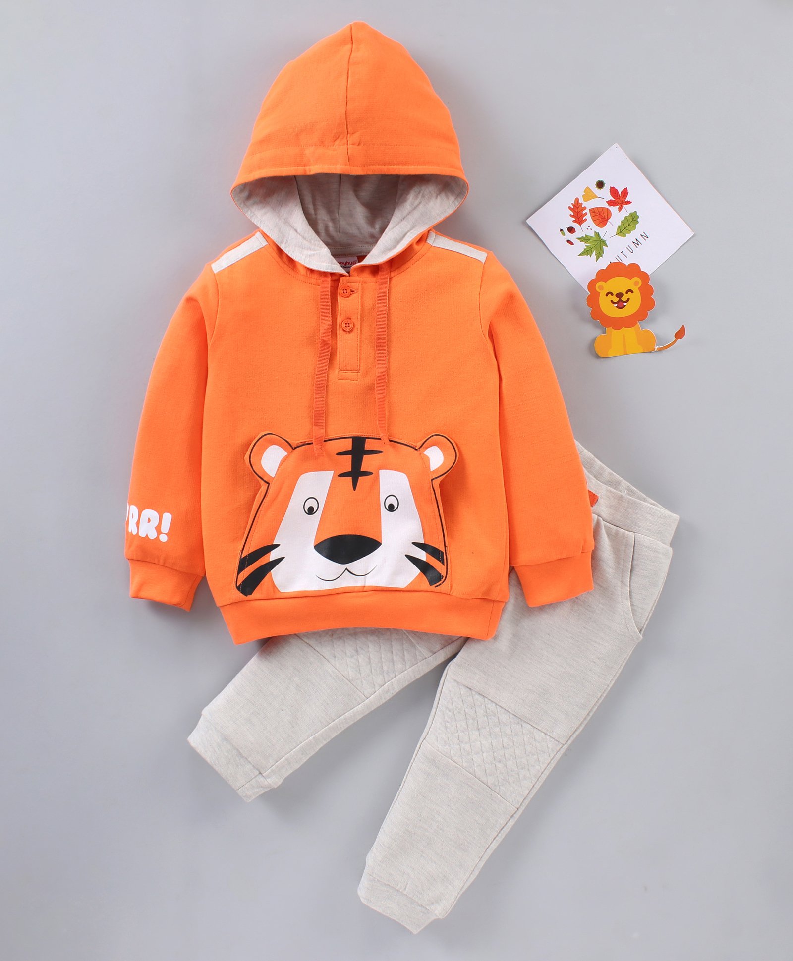 Babyhug Full Sleeves Hooded Sweatshirt & Lounge Pant Lion Applique - Orange Light Grey-image-26