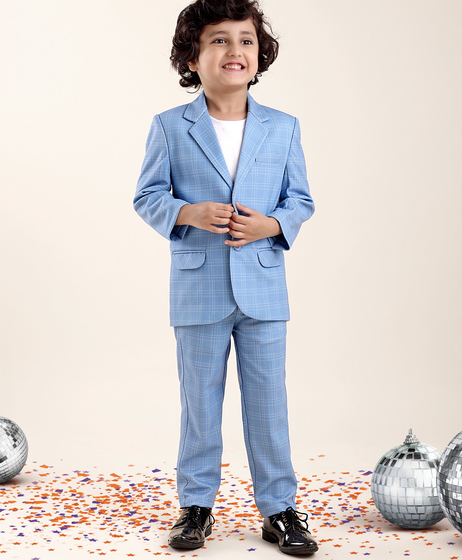 Babyhug Full Sleeves Checked Party Suit - Blue-picture-19