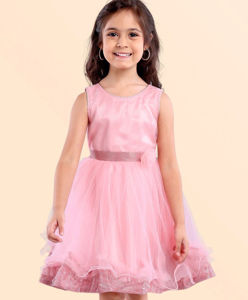 Babyhug Sleeveless Party Frock With Floral Applique - Pink-image-31