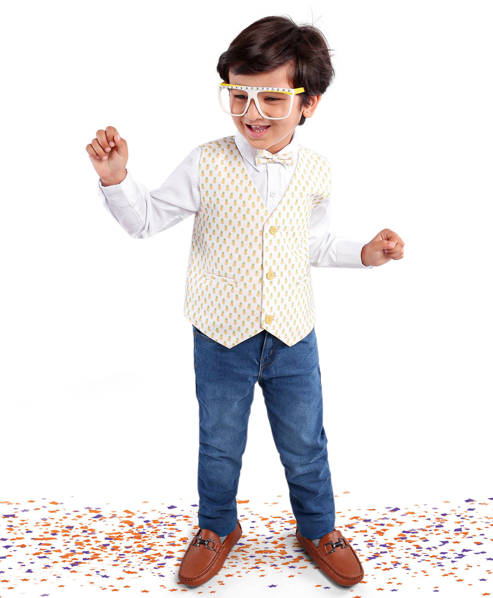 Babyhug Full Sleeves Party Suit with Bow and Waistcoat - White and Indigo-image-41