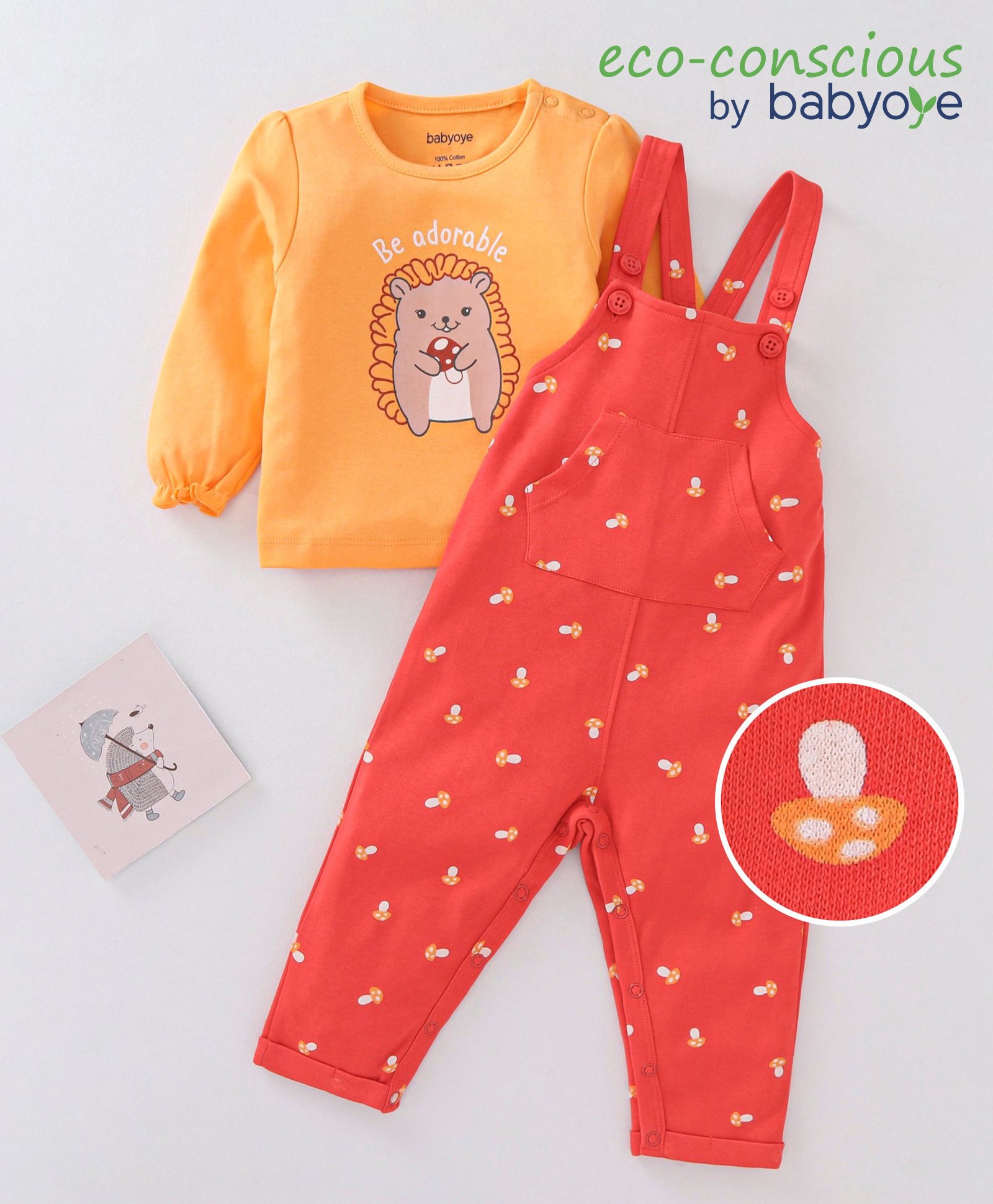 Babyoye Cotton Full Sleeves Tee with Dungaree Style Romper Mushroom Print - Orange and Red-image-8