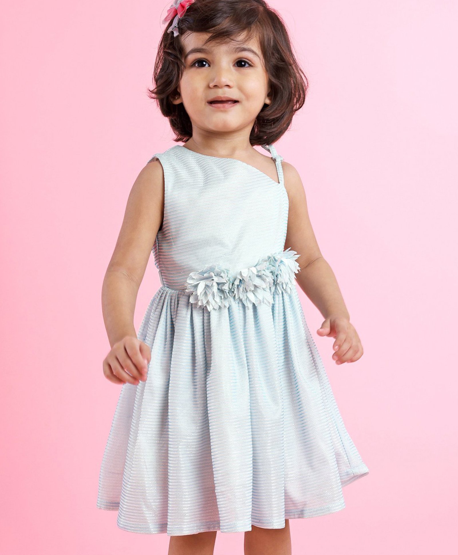 Babyhug Party Wear Sleeveless Frock Floral Appliques - Light Blue-image-19