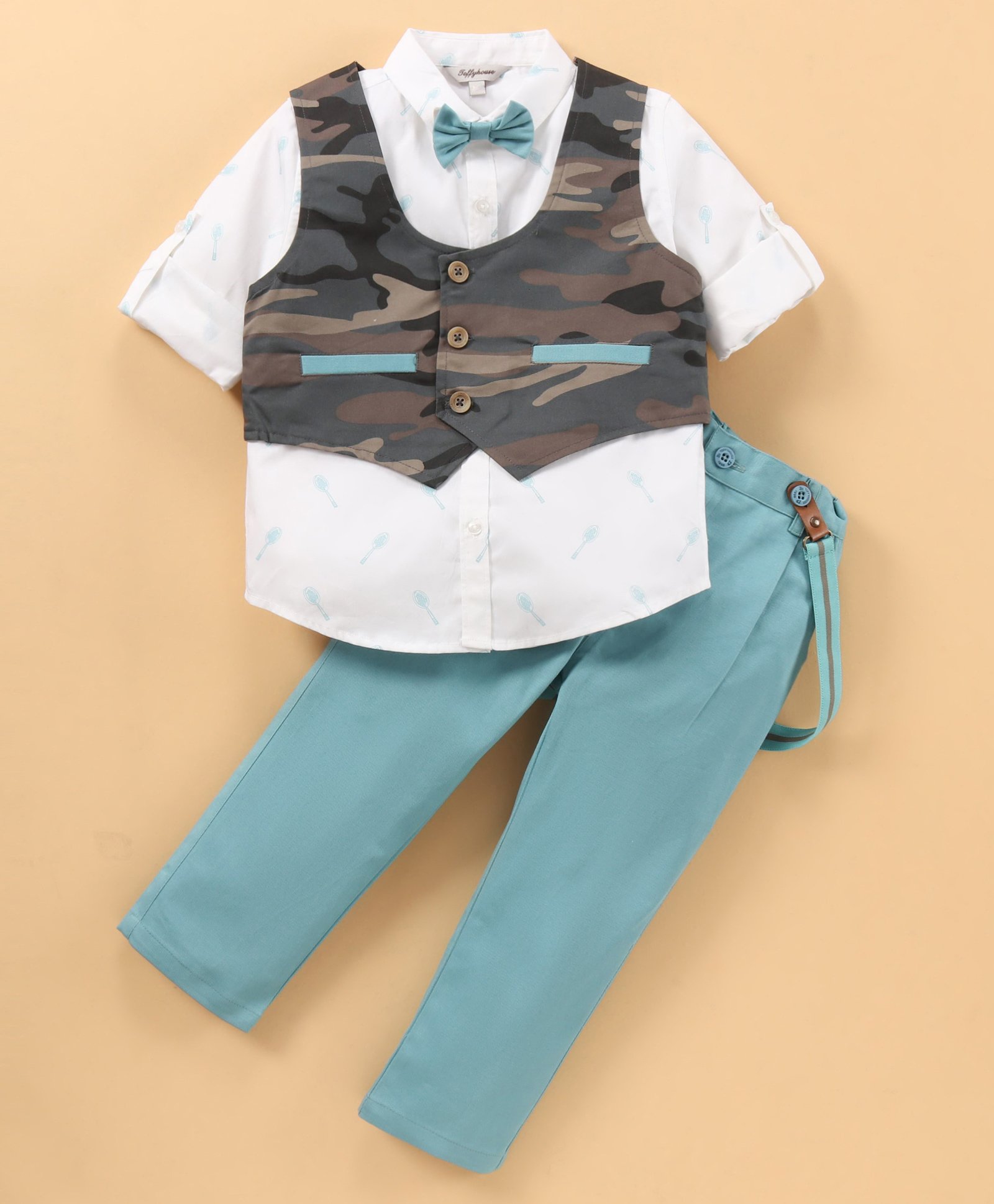 ToffyHouse Full Sleeves Party Suit With Waistcoat Camo Print- Green-image-45