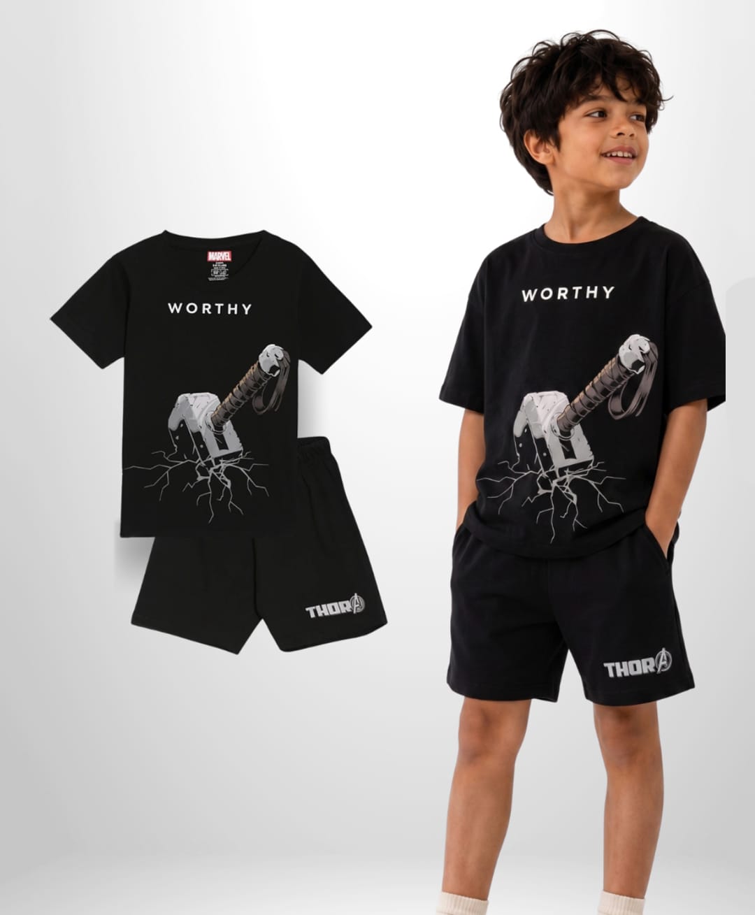 Nap Chief Half Sleeves Pure Cotton Thor Worthy Printed Tee With Placement Printed shorts - Black-image-18