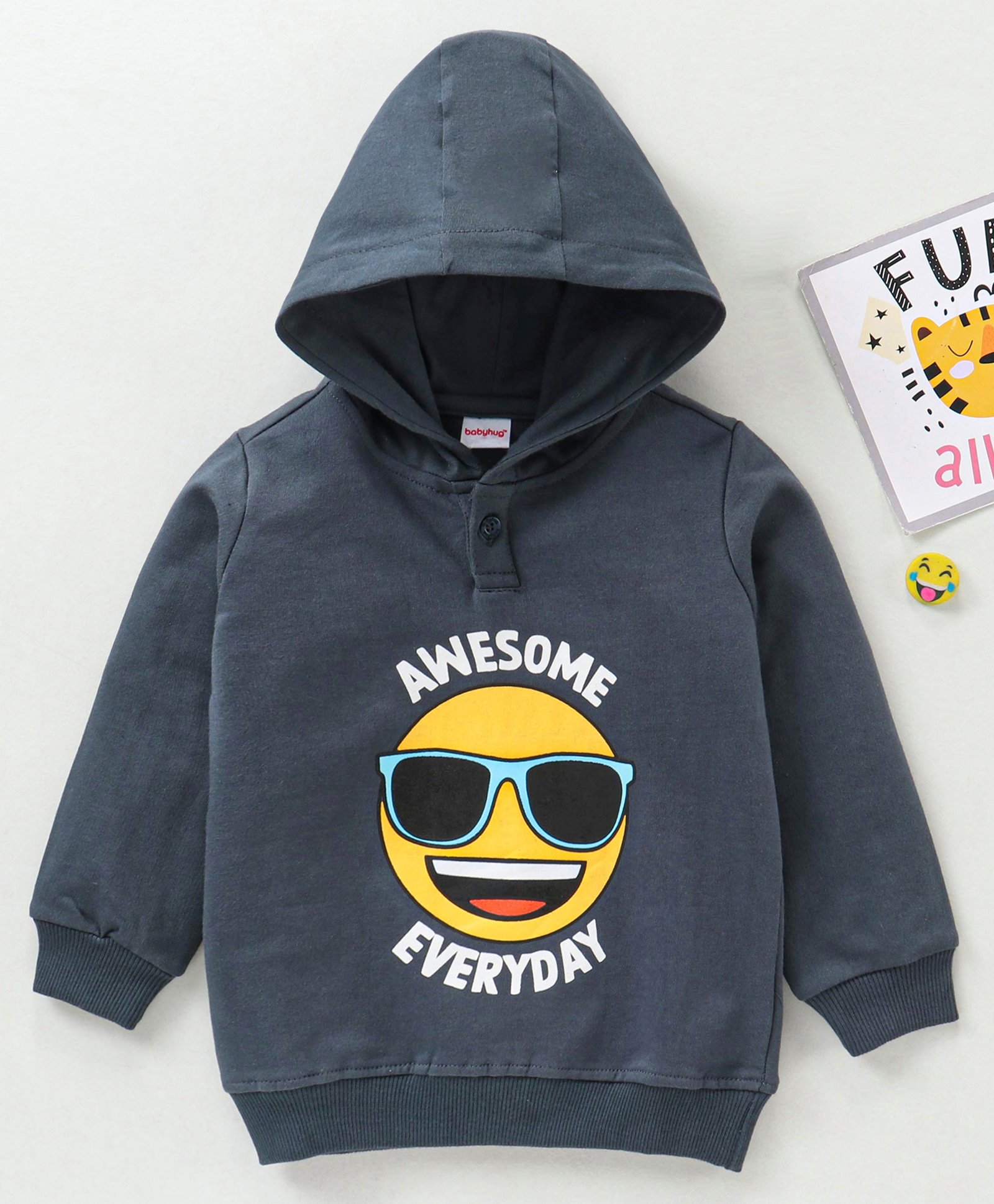 Babyhug Cotton Knit Full Sleeves Emoji Print Hooded Sweatshirt - Charcoal Grey-picture-10