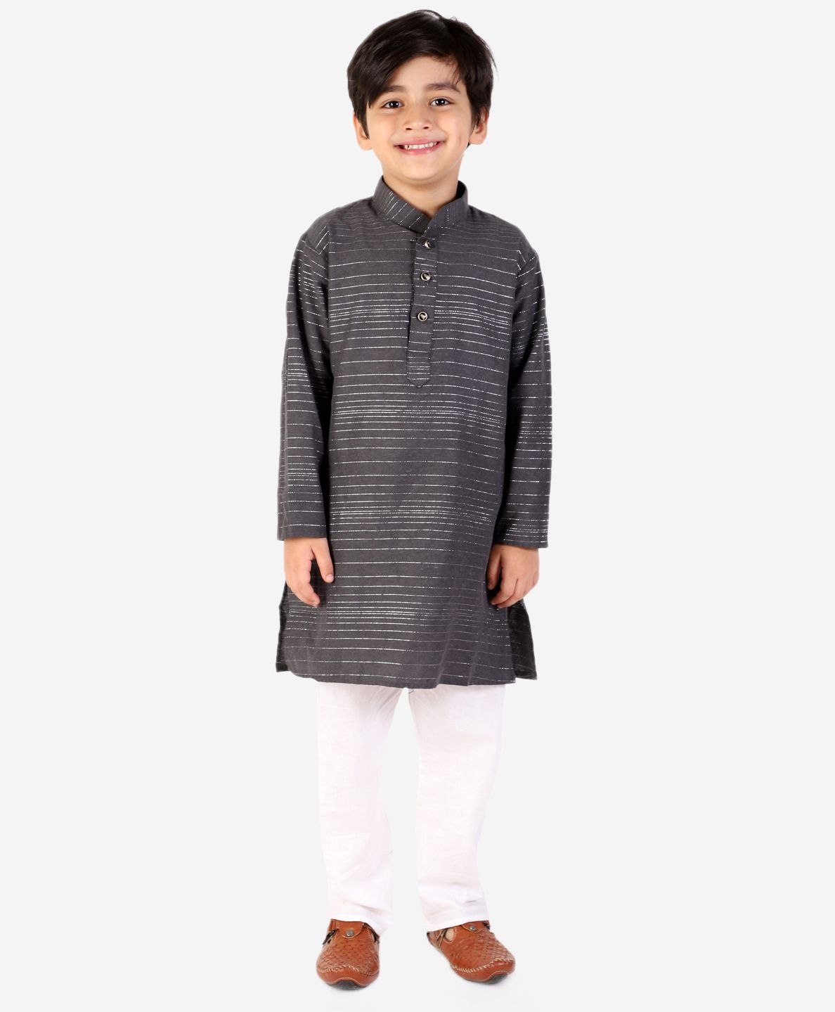 P-MARK Full Sleeves Striped Kurta & Solid Pajama Set - Grey-picture-15